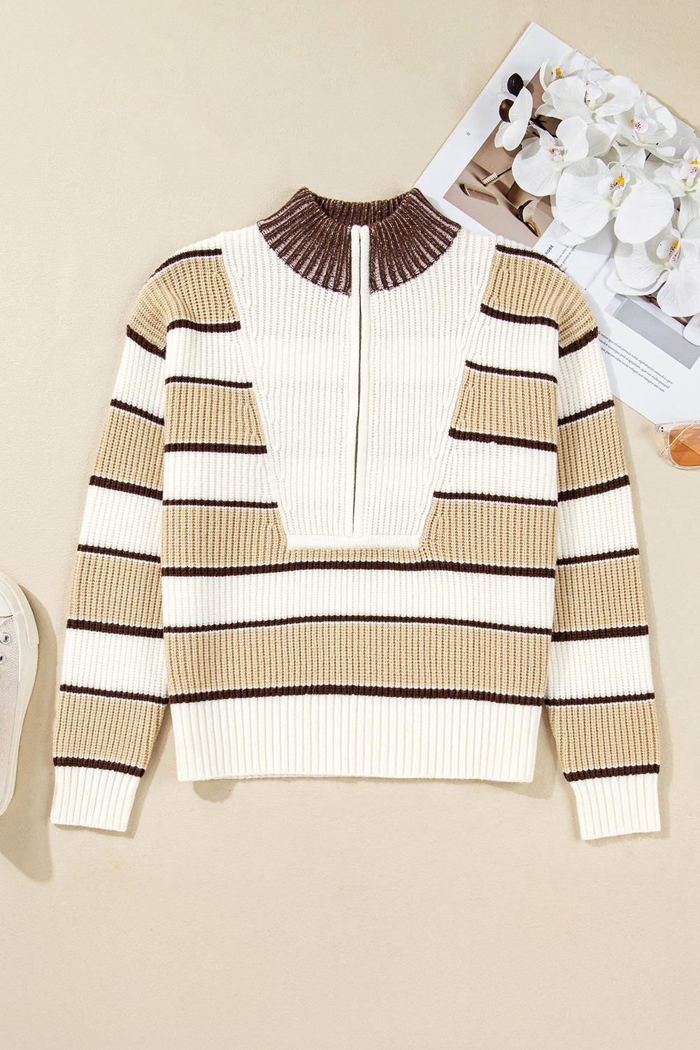 Khaki Stripe Half Zip Drop Shoulder Womens Sweater-TOPS / DRESSES-[Adult]-[Female]-2022 Online Blue Zone Planet