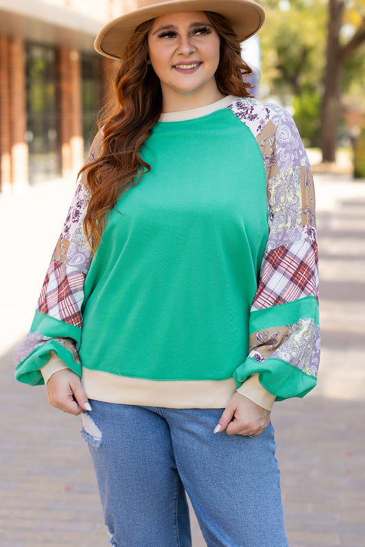 Sky Blue Plus Size Plaid Floral Patchwork Raglan Sleeve Sweatshirt-Plus Size/Plus Size Sweatshirts & Hoodies-[Adult]-[Female]-Sky Blue-1X-2022 Online Blue Zone Planet