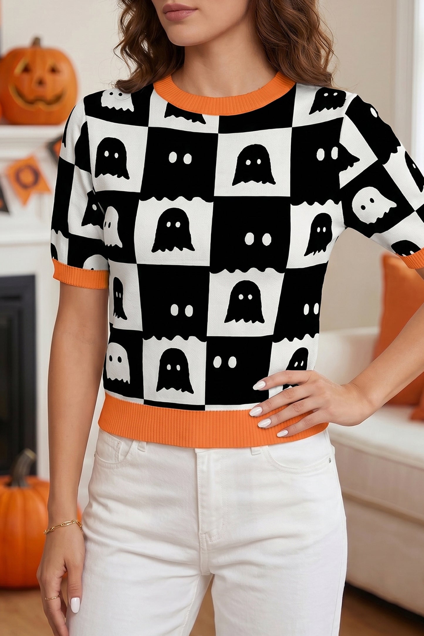 White Geometric Ghost Color Block Trim Short Sleeve Knit Sweater-Sweaters & Cardigans/Short Sleeve Sweaters-[Adult]-[Female]-White-S-2022 Online Blue Zone Planet
