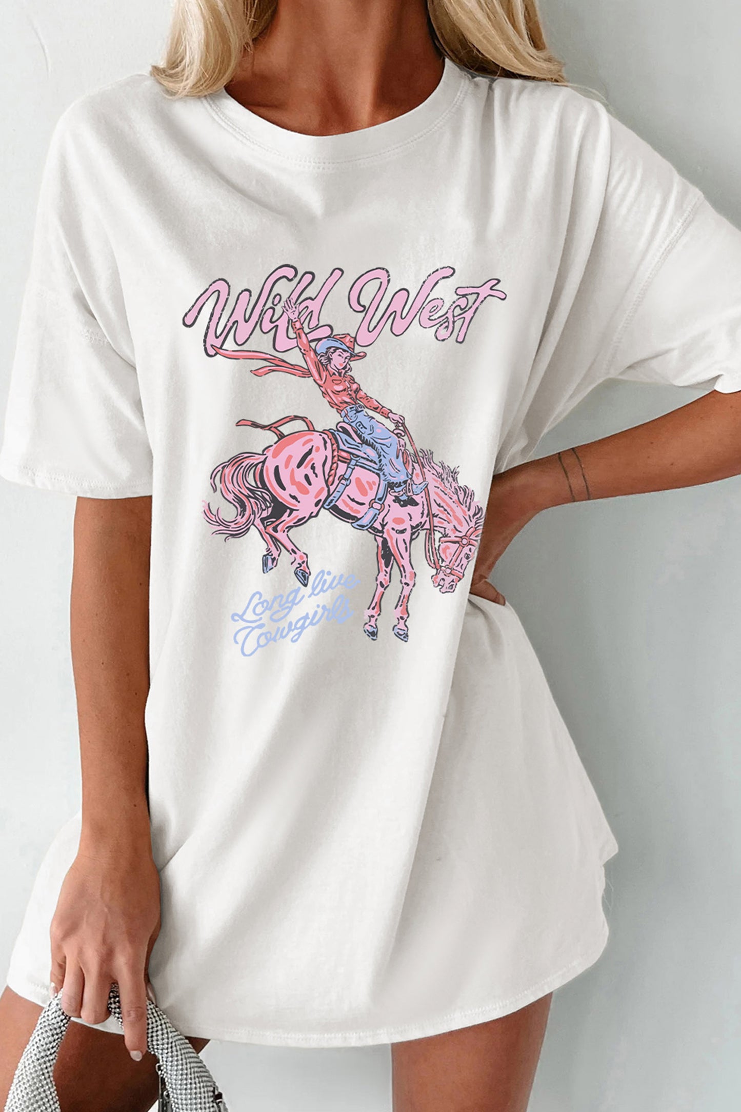 White Wild West Cowgirl Rodeo Graphic Tunic Tee-Graphic/Graphic Tees-[Adult]-[Female]-2022 Online Blue Zone Planet