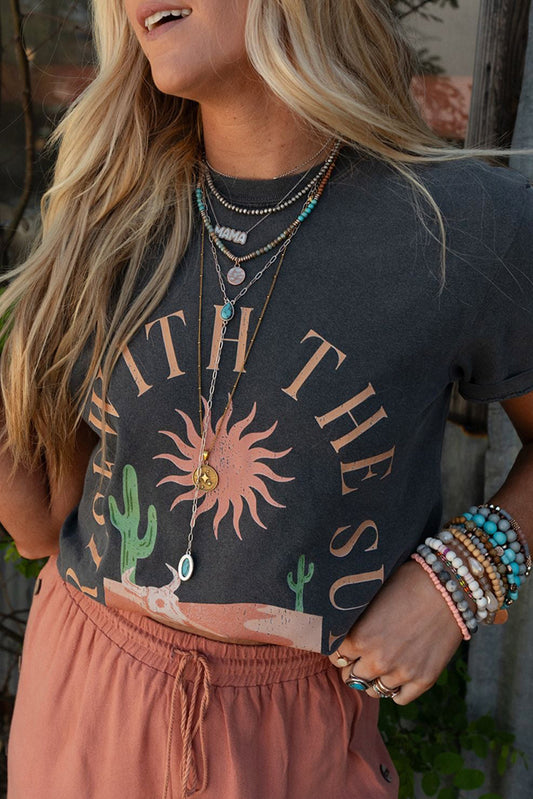 Dark Grey RISE WITH THE SUN Western Fashion Graphic Tee-Tops/Tops & Tees-[Adult]-[Female]-Dark Grey-S-2022 Online Blue Zone Planet