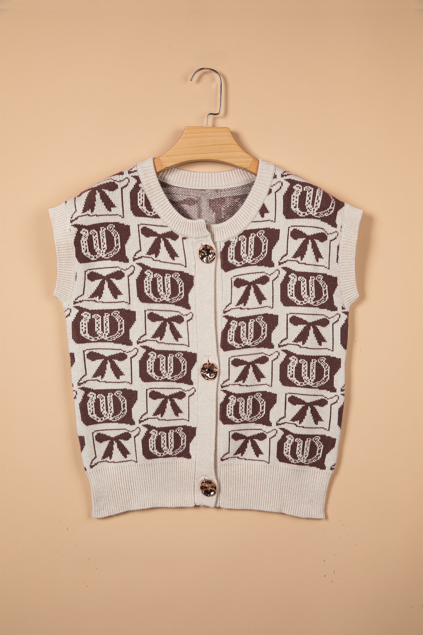 Brown Western Horseshoe Bow Pattern Button Front Sleeveless Knit Sweater-Sweaters & Cardigans/Sweater Vests-[Adult]-[Female]-2022 Online Blue Zone Planet