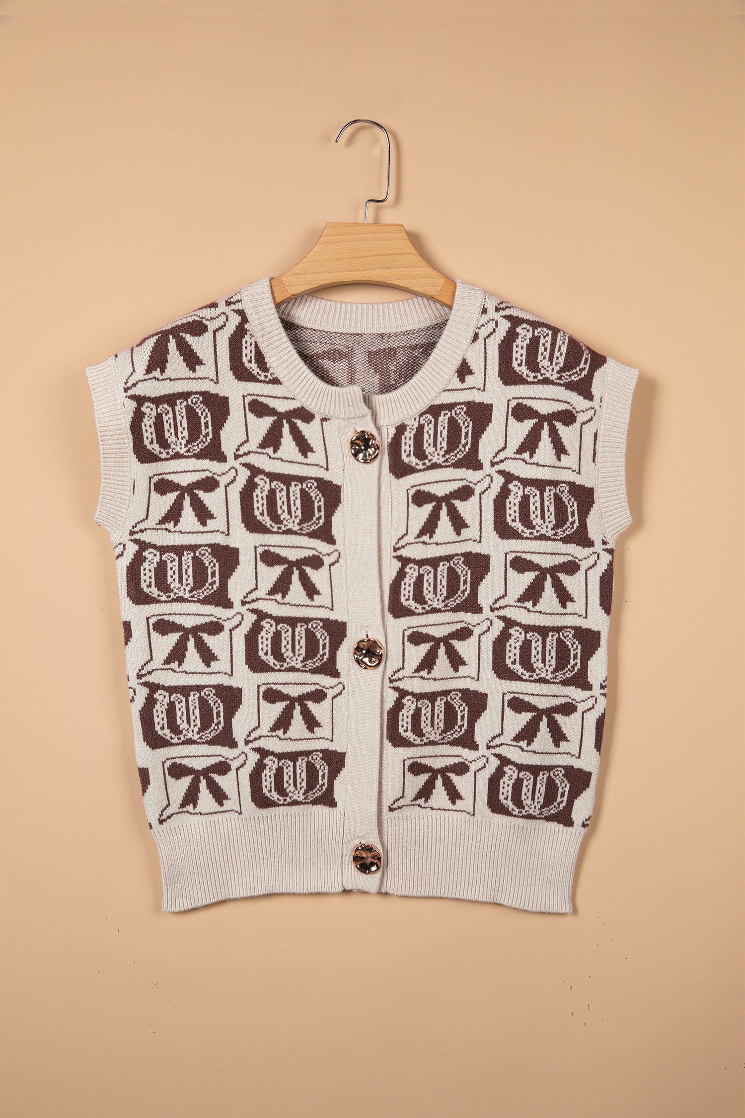 Brown Western Horseshoe Bow Pattern Button Front Sleeveless Knit Sweater-Sweaters & Cardigans/Sweater Vests-[Adult]-[Female]-2022 Online Blue Zone Planet