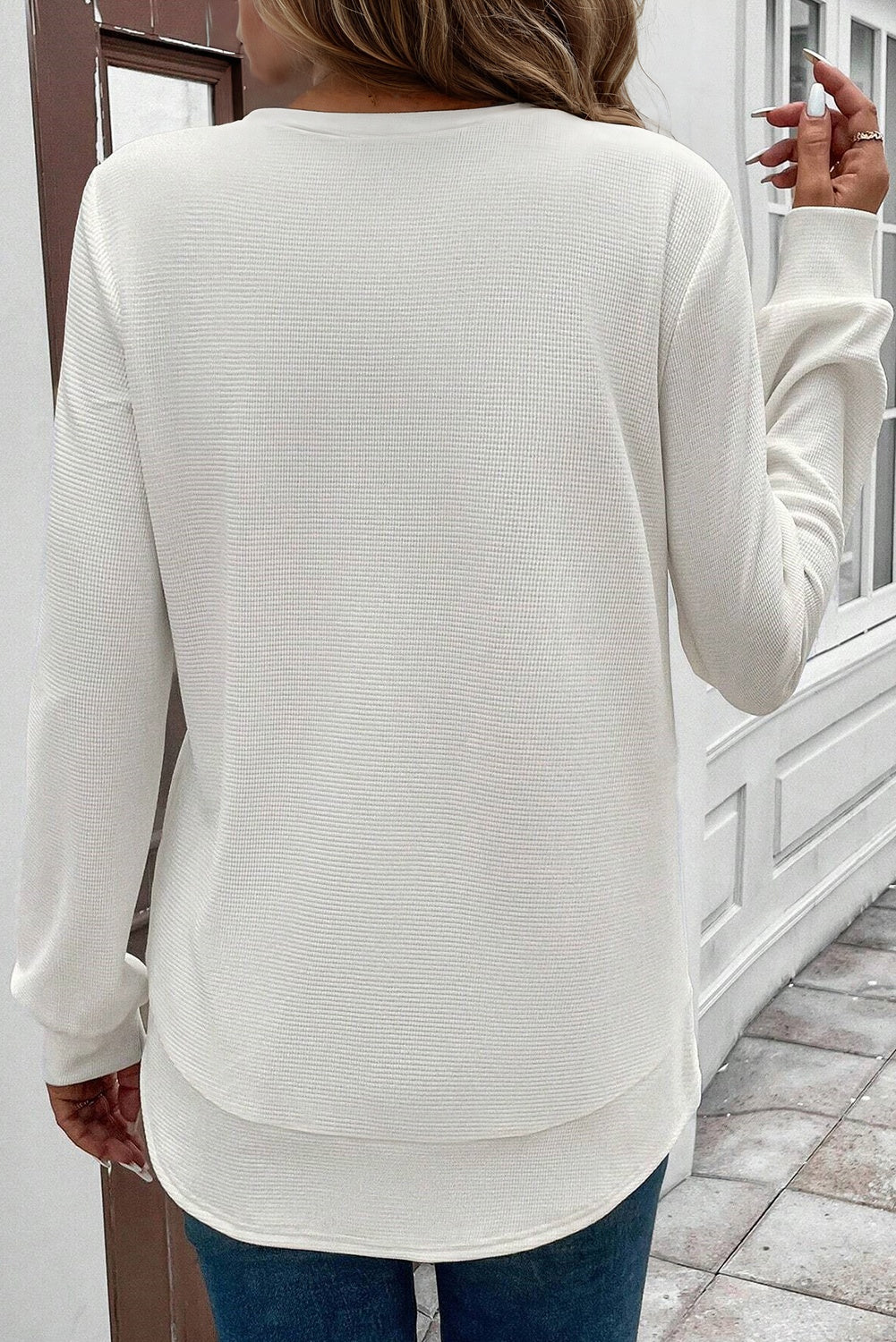 White Rounded Hem Waffle Long Sleeve Top-Tops/Long Sleeve Tops-[Adult]-[Female]-2022 Online Blue Zone Planet