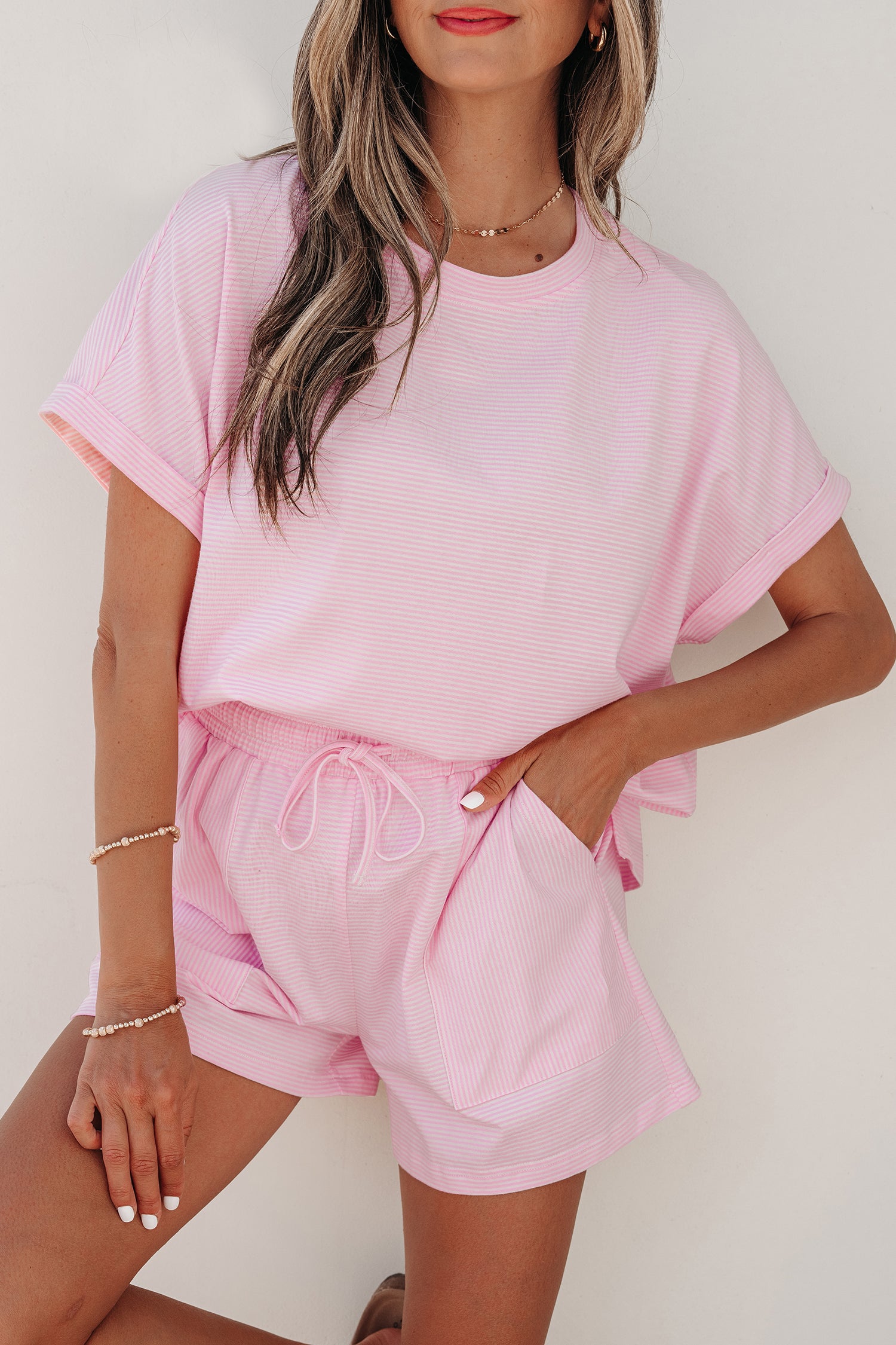 Pink Stripe Matching Oversized Tee and Drawstring Shorts Set-Two Piece Sets/Short Sets-[Adult]-[Female]-2022 Online Blue Zone Planet