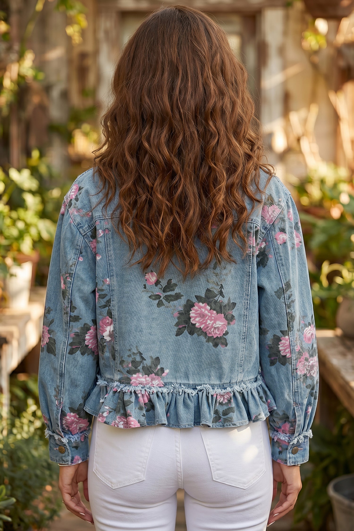 Sky Blue Floral Print Raw Seam Ruffle Hem Denim Jacket-Outerwear/Denim jackets-[Adult]-[Female]-2022 Online Blue Zone Planet