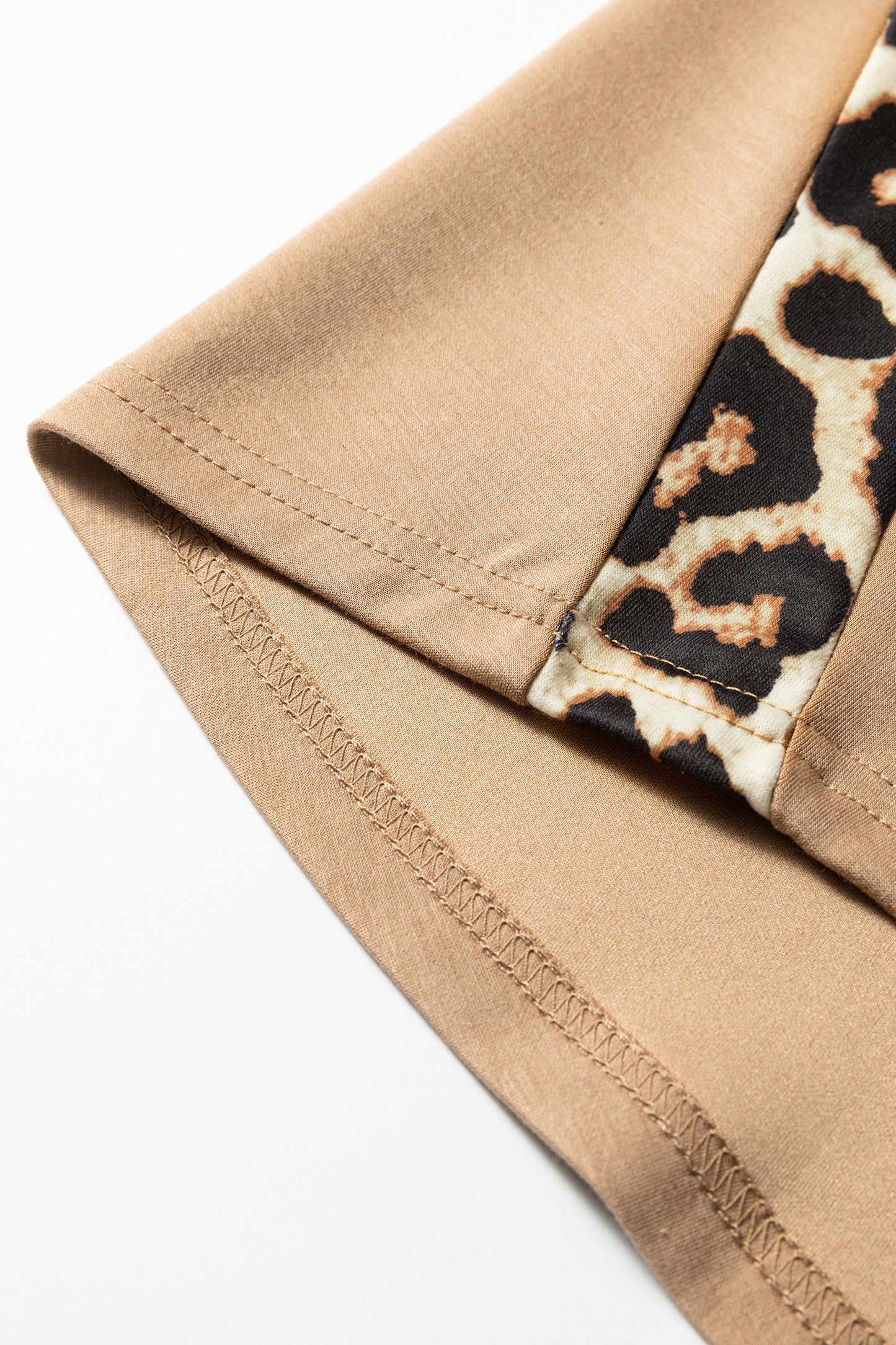 Light French Beige Leopard Trim Round Neck Loose T Shirt-Tops/Tops & Tees-[Adult]-[Female]-2022 Online Blue Zone Planet