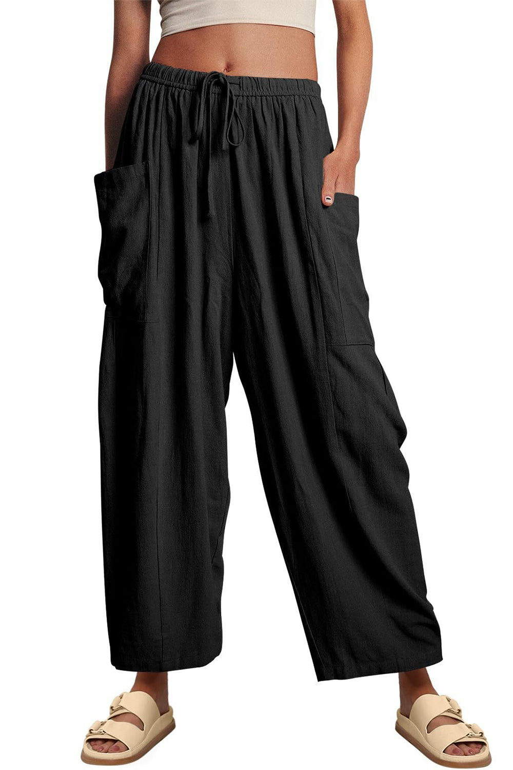 Full Size Pocketed Drawstring Wide Leg Pants-BOTTOMS SIZES SMALL MEDIUM LARGE-[Adult]-[Female]-2022 Online Blue Zone Planet