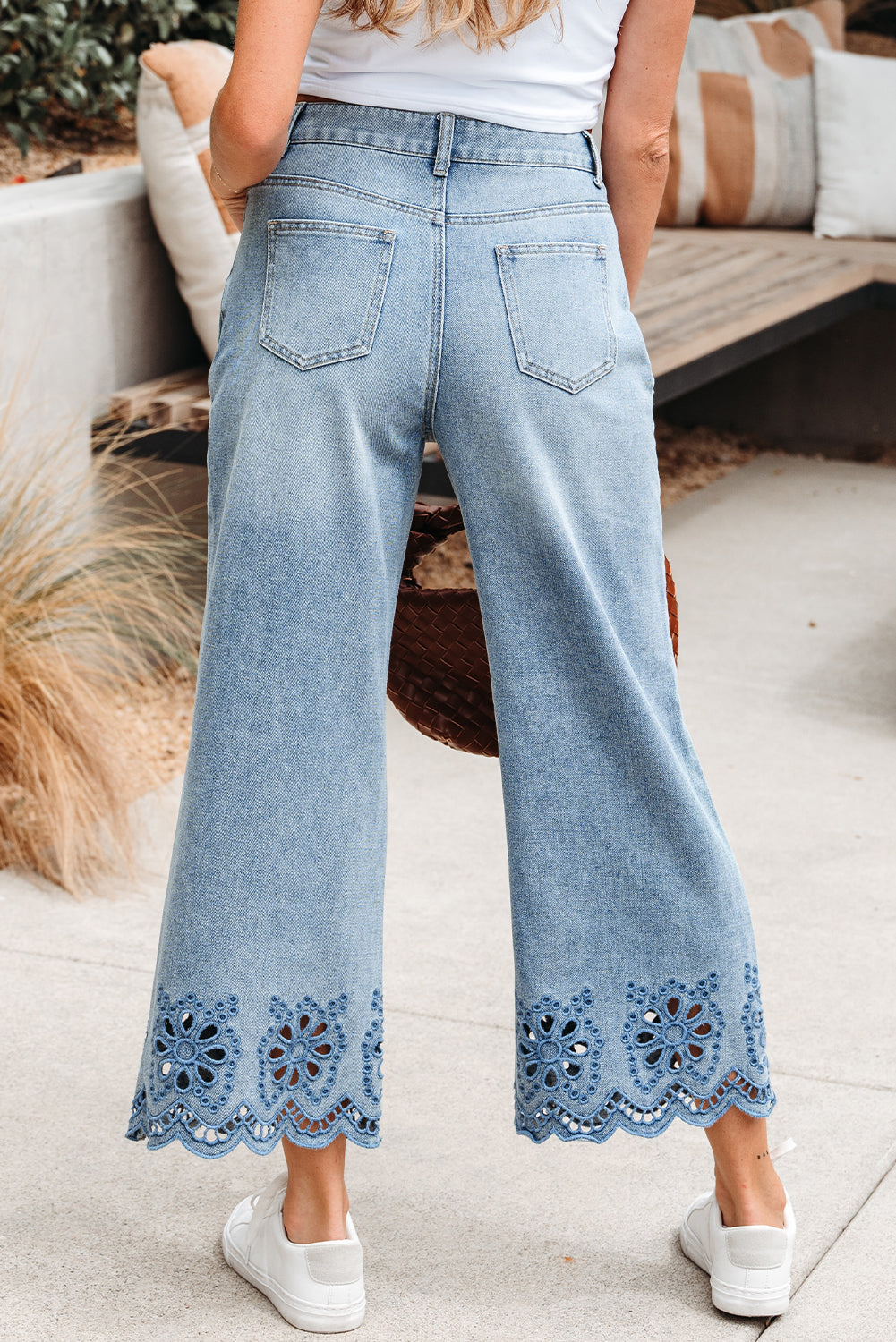 Dusk Blue Embroidered Cropped Wide Leg High Waist Jeans-Bottoms/Jeans-[Adult]-[Female]-2022 Online Blue Zone Planet