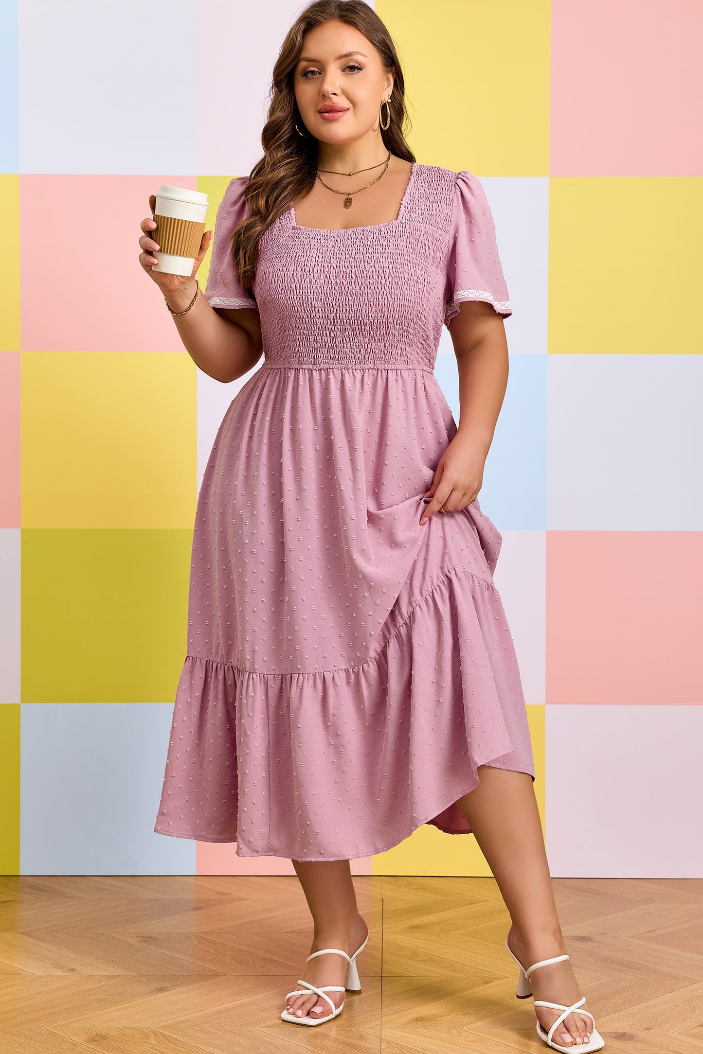 Pink Plus Size Swiss Dot Short Sleeve Smocked High Waist Flowy Midi Dress-TOPS / DRESSES-[Adult]-[Female]-2022 Online Blue Zone Planet