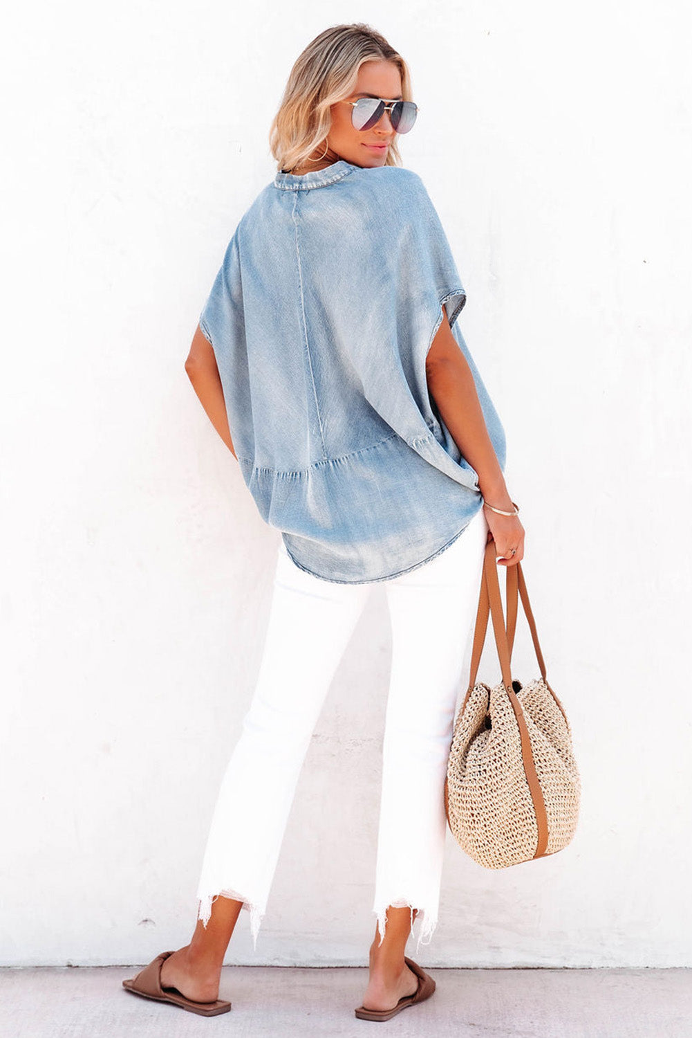 Sky Blue Split V Neck Oversized Denim Blouse-Tops/Blouses & Shirts-[Adult]-[Female]-2022 Online Blue Zone Planet