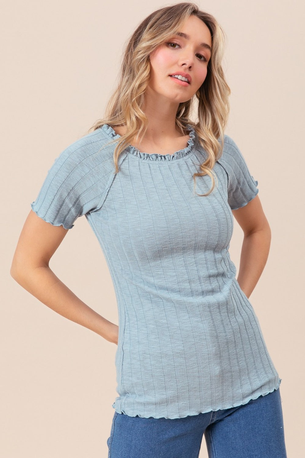 BiBi Ruffle Round Neck Merrow Edge Rib Top-TOPS / DRESSES-[Adult]-[Female]-2022 Online Blue Zone Planet