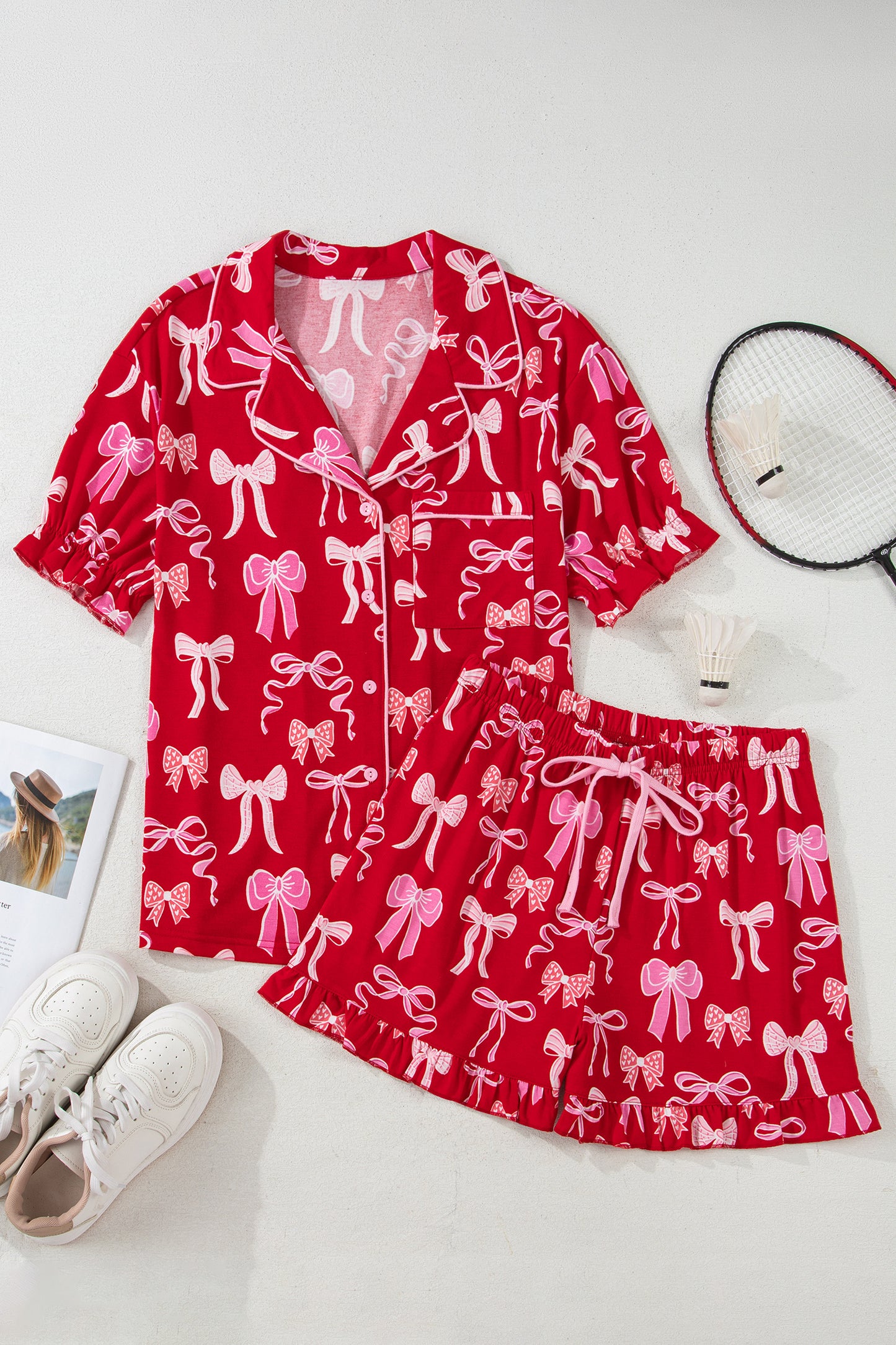 Red Sweet Bow Print Ruffled Short Sleeve Shirt Shorts 2pcs Pajama Set-Loungewear & Sleepwear/Sleepwear-[Adult]-[Female]-2022 Online Blue Zone Planet
