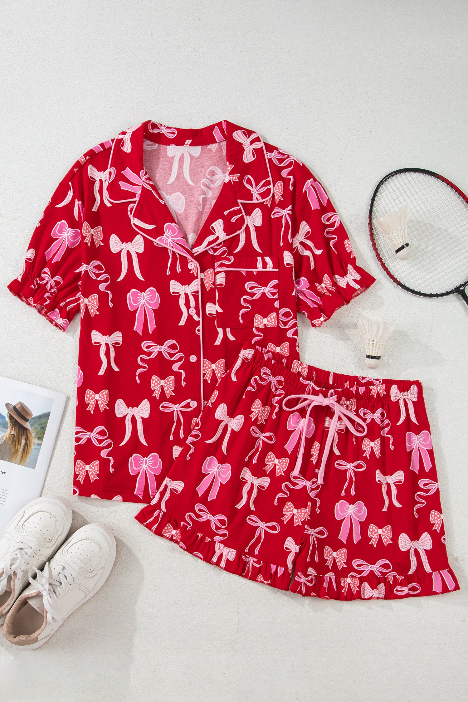Red Sweet Bow Print Ruffled Short Sleeve Shirt Shorts 2pcs Pajama Set-Loungewear & Sleepwear/Sleepwear-[Adult]-[Female]-2022 Online Blue Zone Planet