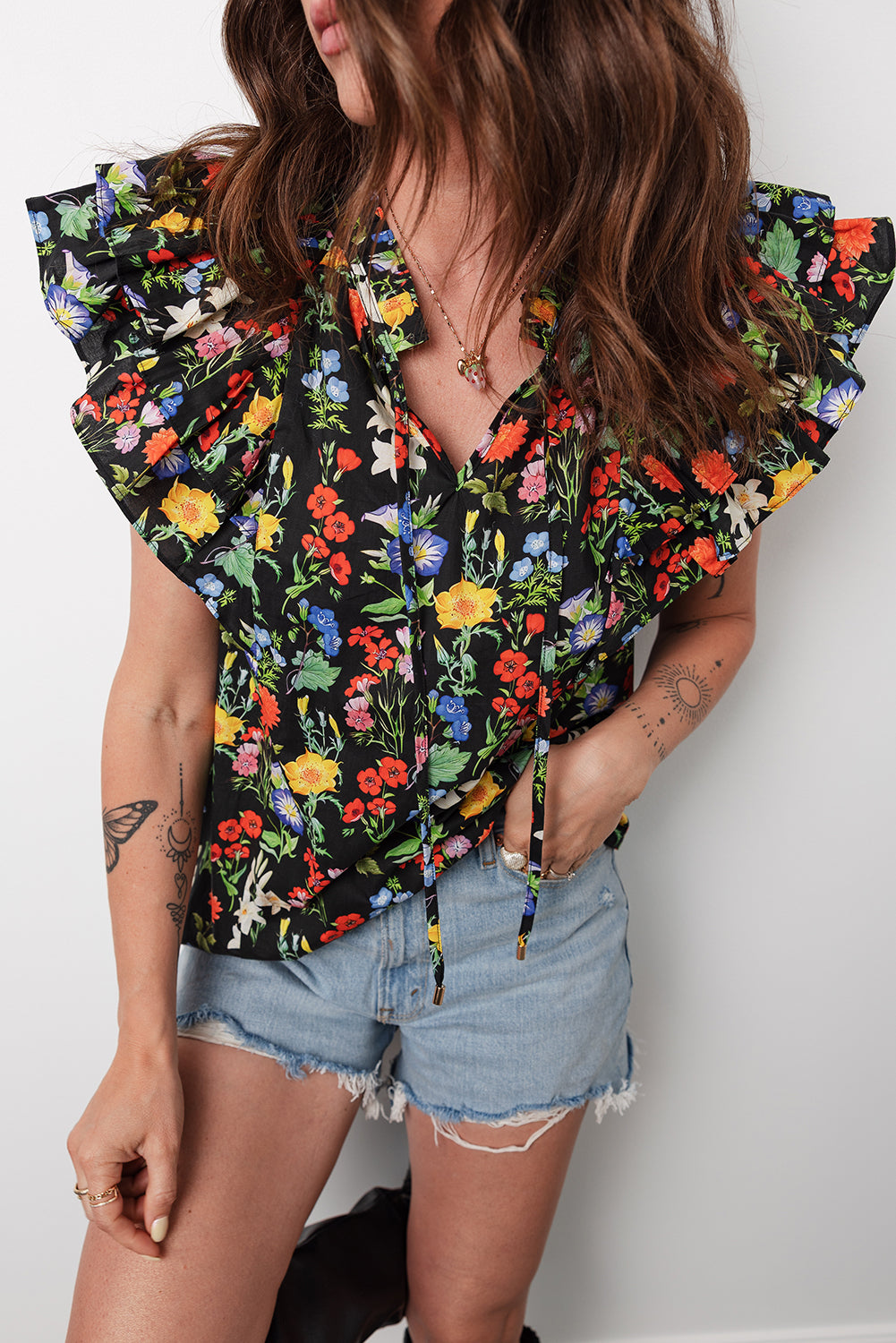 Black Tiered Flutter Sleeve V Neck Flower Blouse