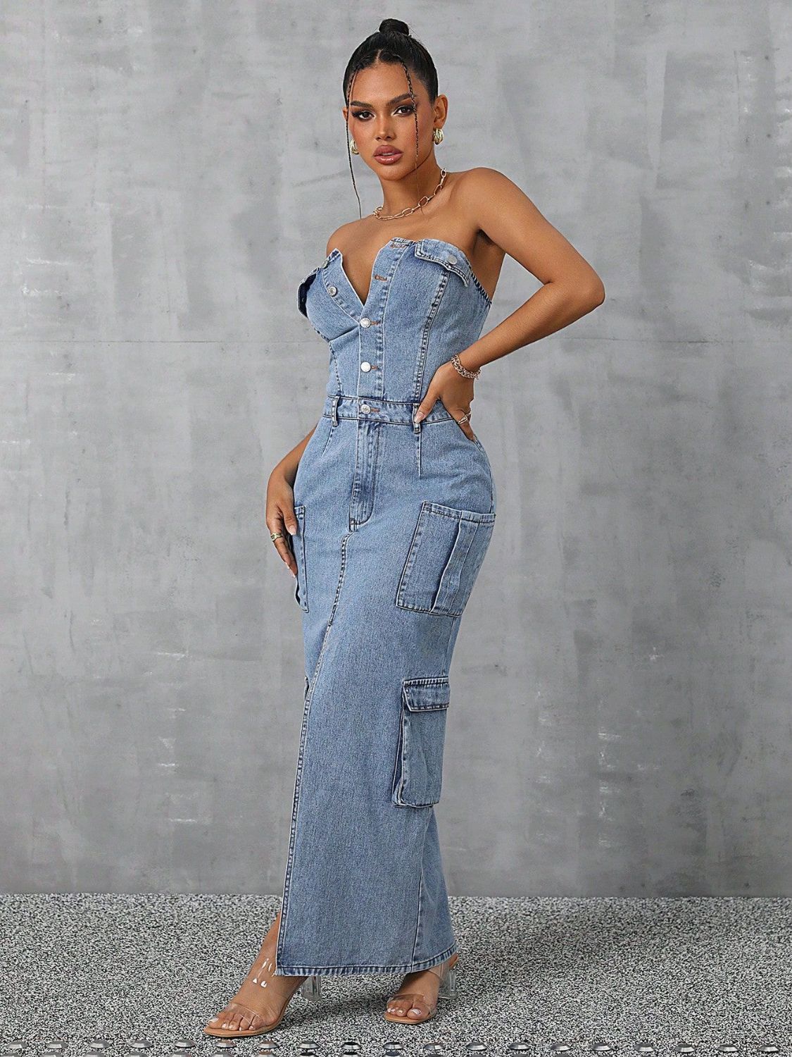 Blue Zone Planet | Slit Half Button Tube Denim Dress-TOPS / DRESSES-[Adult]-[Female]-2022 Online Blue Zone Planet