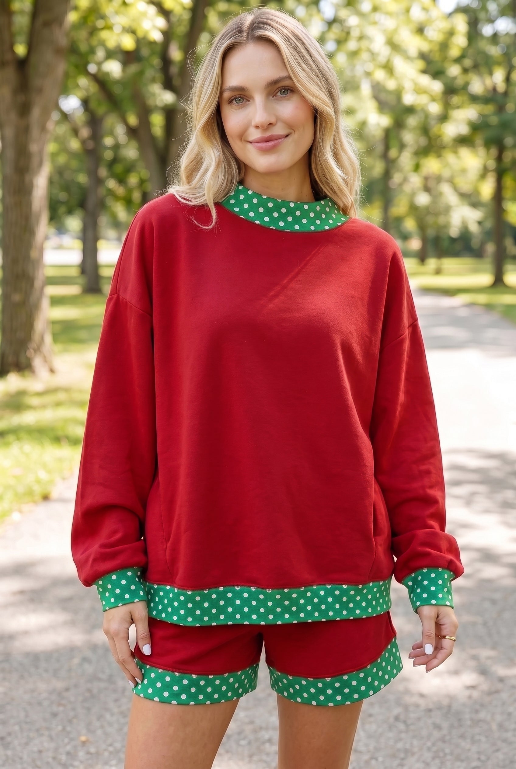 Fiery Red Gingham Trim Baggy Pullover 2pcs Short Set-Two Piece Sets/Short Sets-[Adult]-[Female]-2022 Online Blue Zone Planet