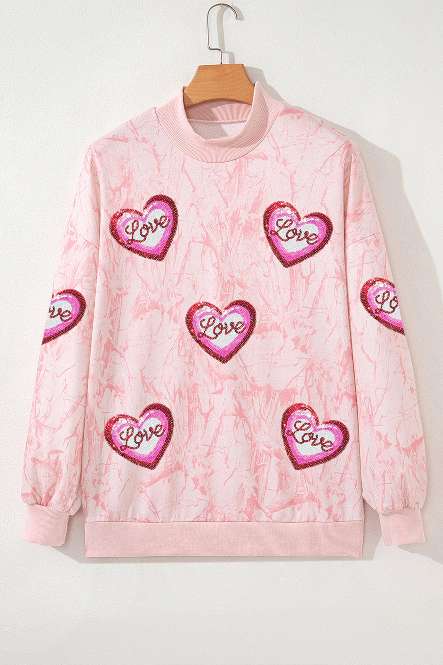 Pink Tie Dye Camo Sequin Love Heart Patched Mock Neck Sweatshirt-Graphic Sweatshirts-[Adult]-[Female]-2022 Online Blue Zone Planet