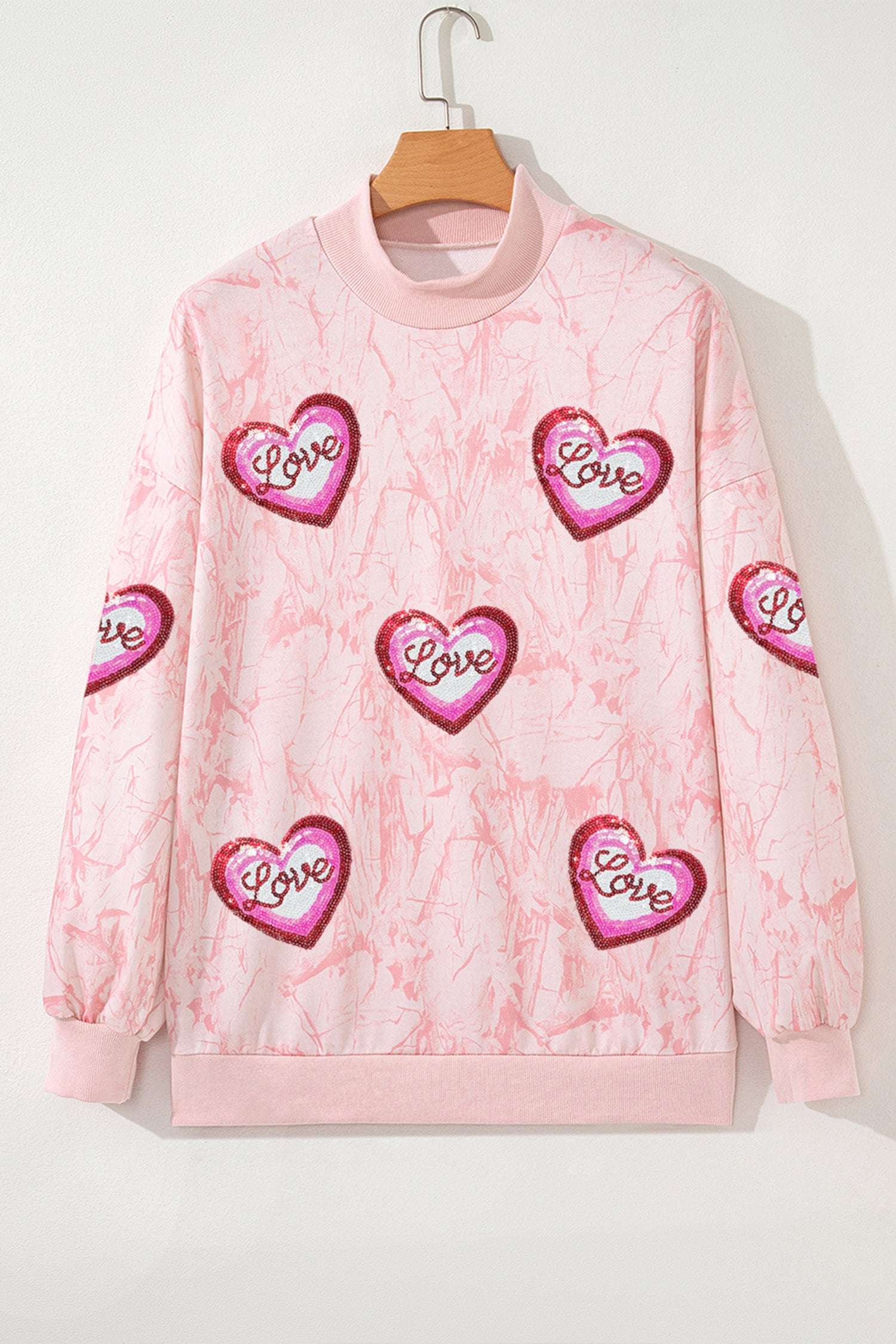 Pink Tie Dye Camo Sequin Love Heart Patched Mock Neck Sweatshirt-Graphic Sweatshirts-[Adult]-[Female]-2022 Online Blue Zone Planet