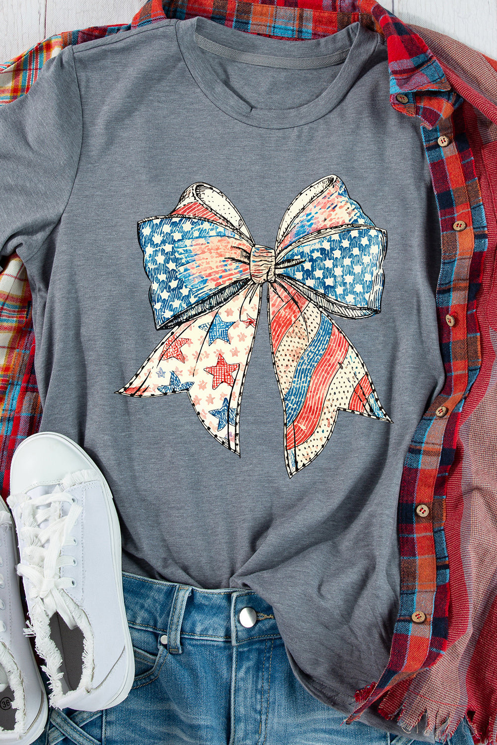 Gray US Flag Bow Print Round Neck Loose T Shirt-Graphic/Graphic Tees-[Adult]-[Female]-2022 Online Blue Zone Planet