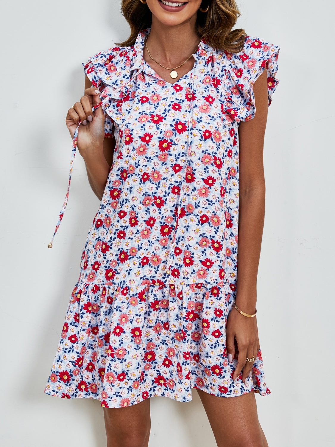 Tied Floral Cap Sleeve Mini Dress-TOPS / DRESSES-[Adult]-[Female]-2022 Online Blue Zone Planet