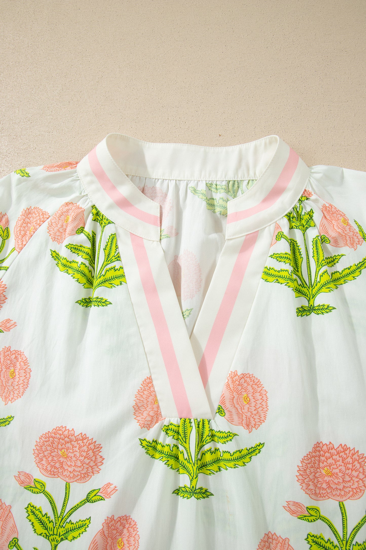 Pink Plus Size Floral Print Striped Trim V Neck Blouse-Plus Size/Plus Size Tops/Plus Size Blouses & Shirts-[Adult]-[Female]-2022 Online Blue Zone Planet