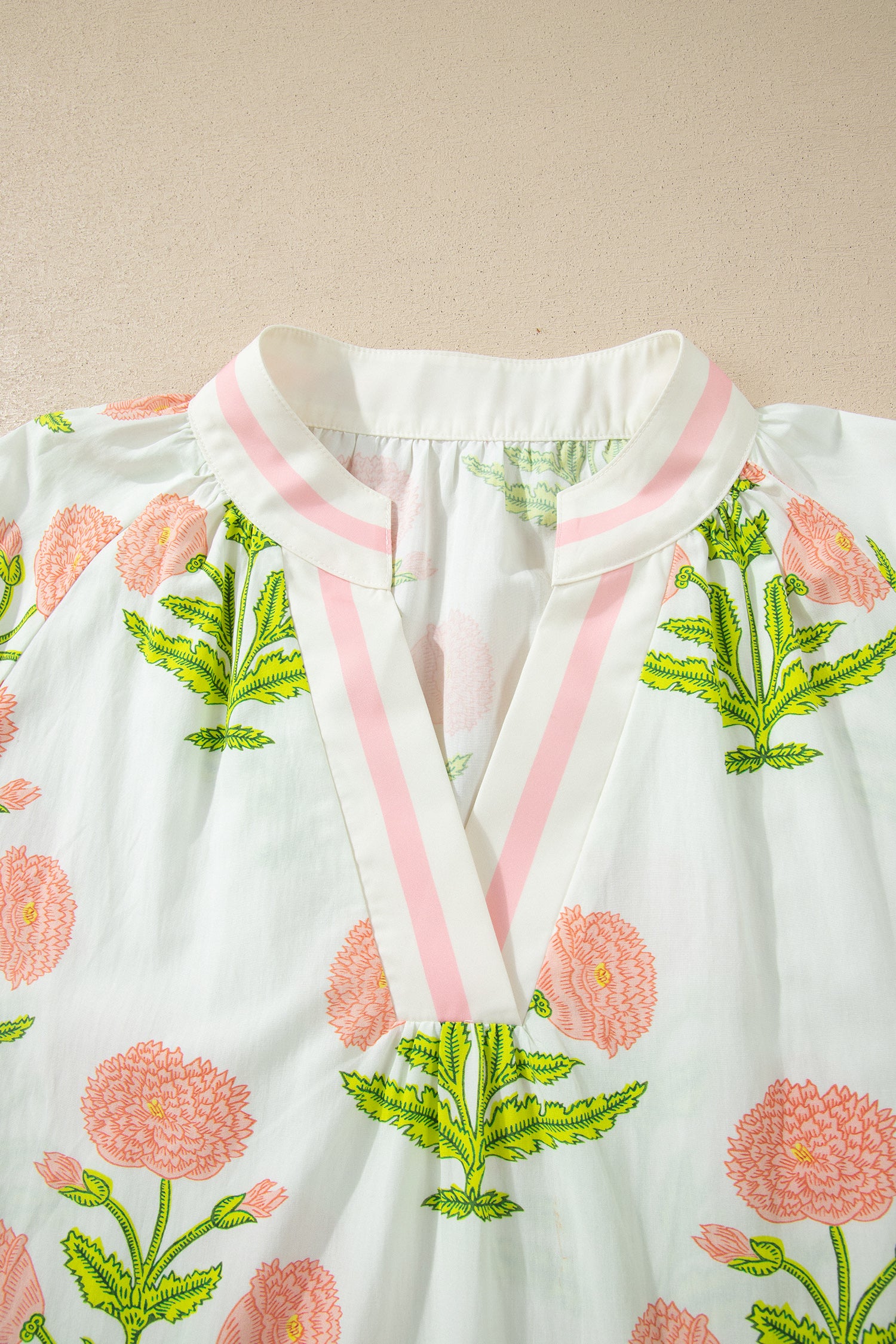 Pink Plus Size Floral Print Striped Trim V Neck Blouse-Plus Size/Plus Size Tops/Plus Size Blouses & Shirts-[Adult]-[Female]-2022 Online Blue Zone Planet