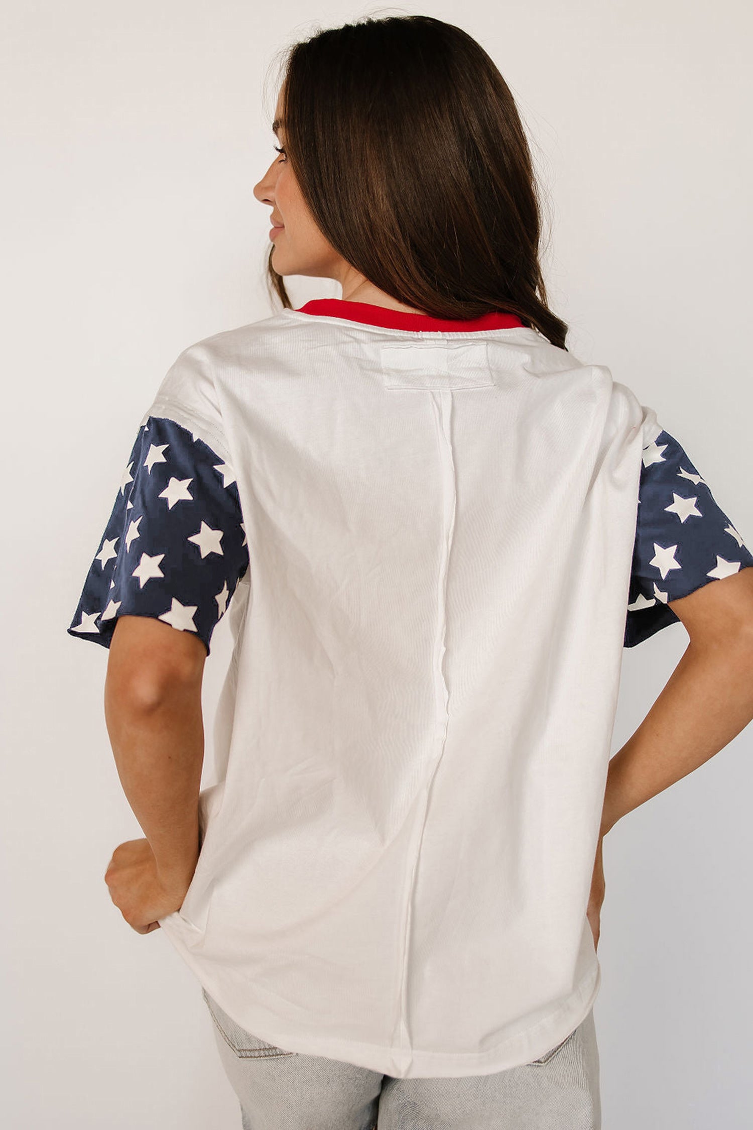Jet Stream Flag Print Usa Graphic Patchwork Casual Tee-Tops/Tops & Tees-[Adult]-[Female]-2022 Online Blue Zone Planet