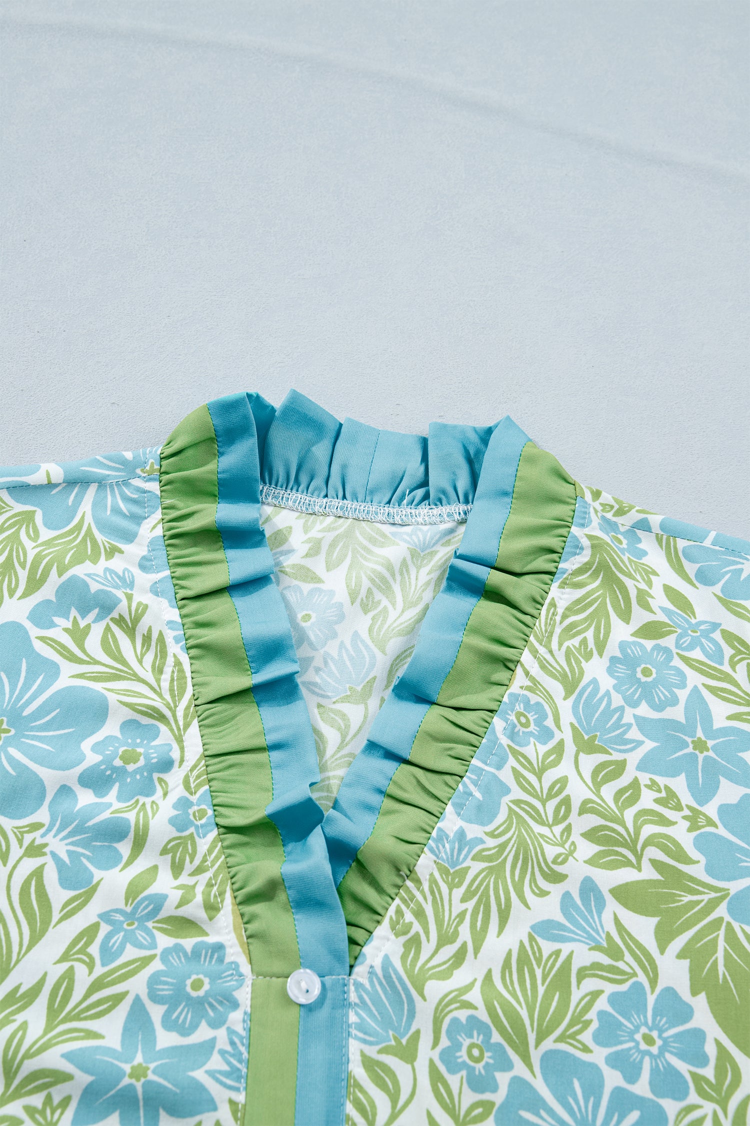 Sky Blue Botanical Floral Print Frilled Trim V Neck Button Front Loose Dress-Dresses/Floral Dresses-[Adult]-[Female]-2022 Online Blue Zone Planet