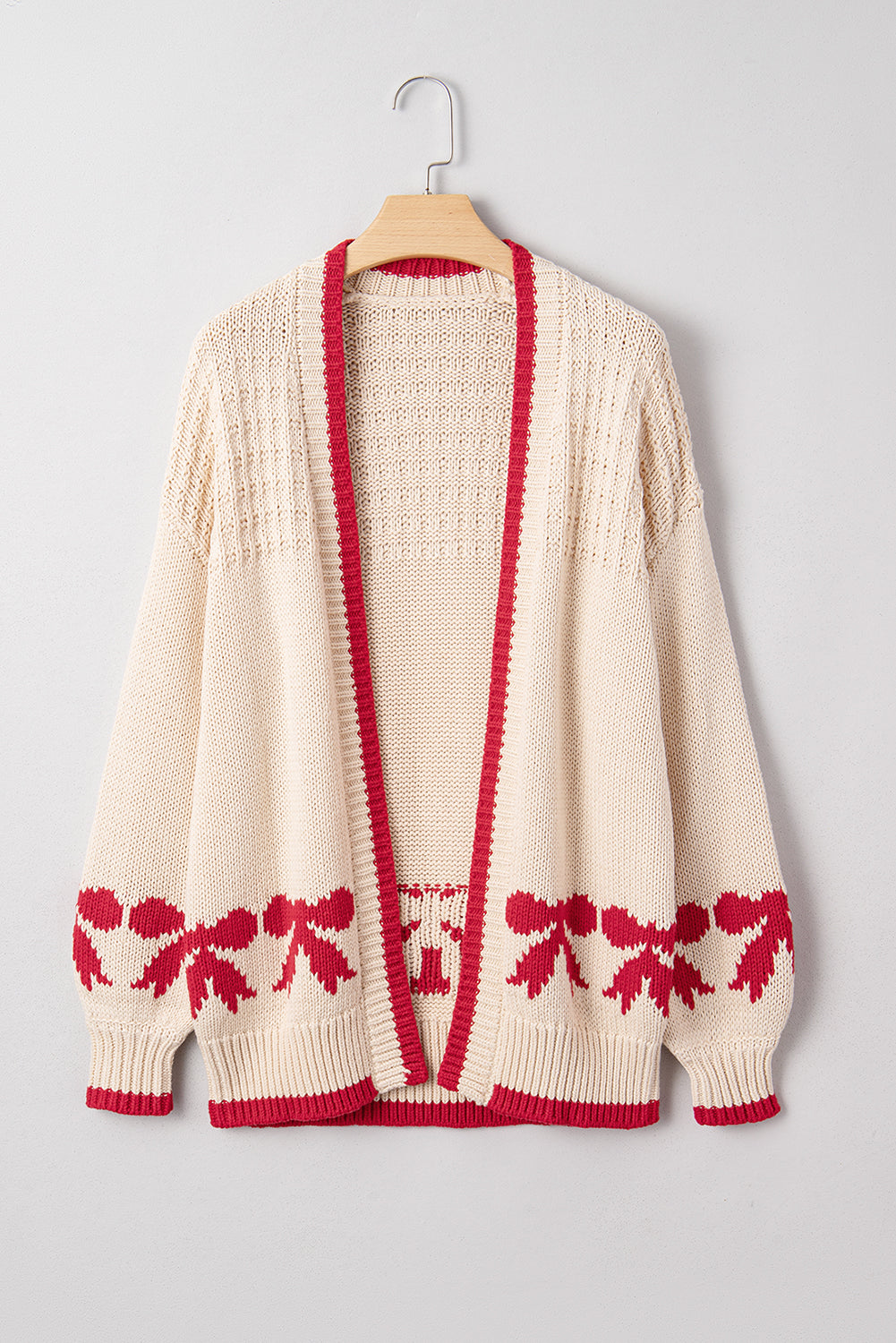 Apricot Bow Pattern Textured Open Front Baggy Cardigan-Sweaters & Cardigans/Cardigans-[Adult]-[Female]-2022 Online Blue Zone Planet