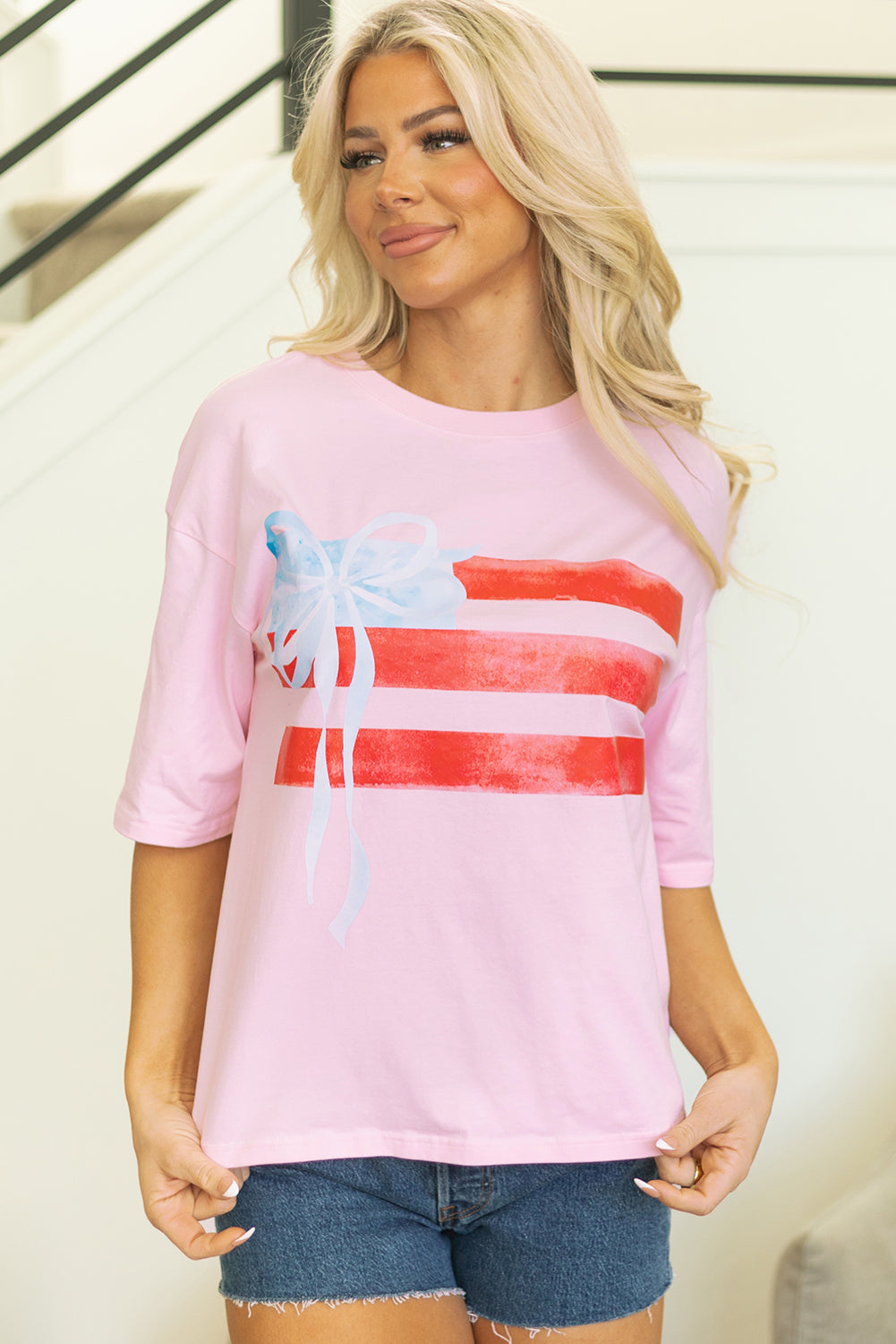 Light Pink Flag Bow Graphic Crewneck Tee-Tops/Tops & Tees-[Adult]-[Female]-2022 Online Blue Zone Planet