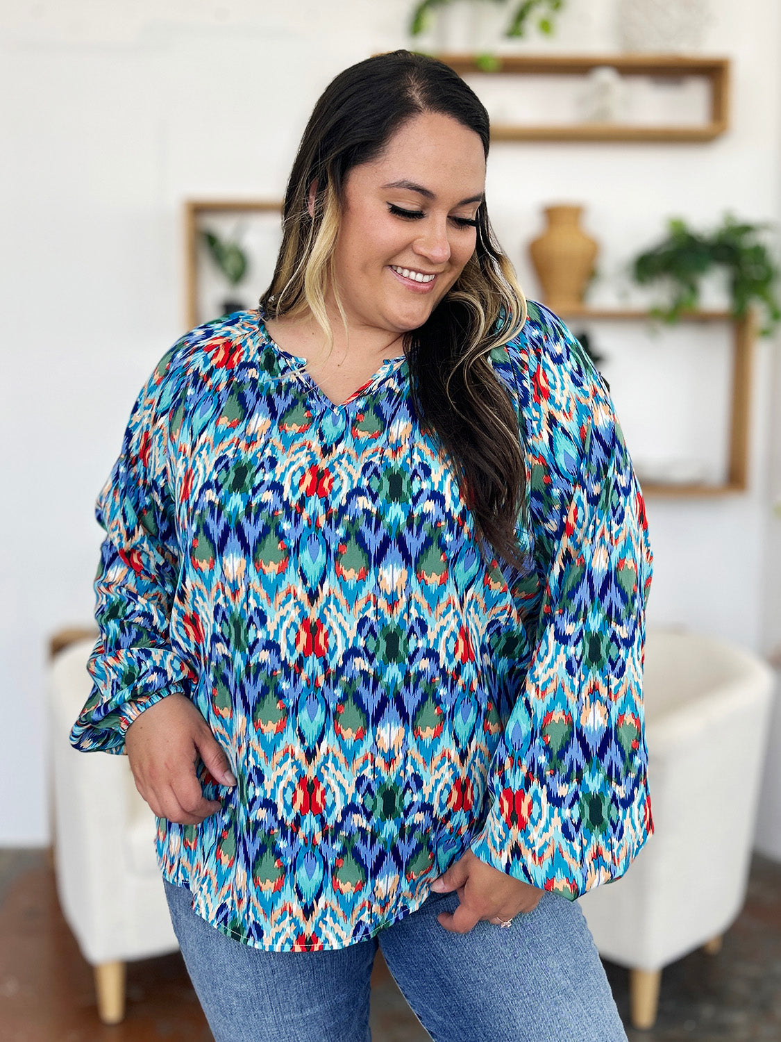 Blue Zone Planet | Double Take Full Size Printed Balloon Sleeve Blouse-TOPS / DRESSES-[Adult]-[Female]-2022 Online Blue Zone Planet