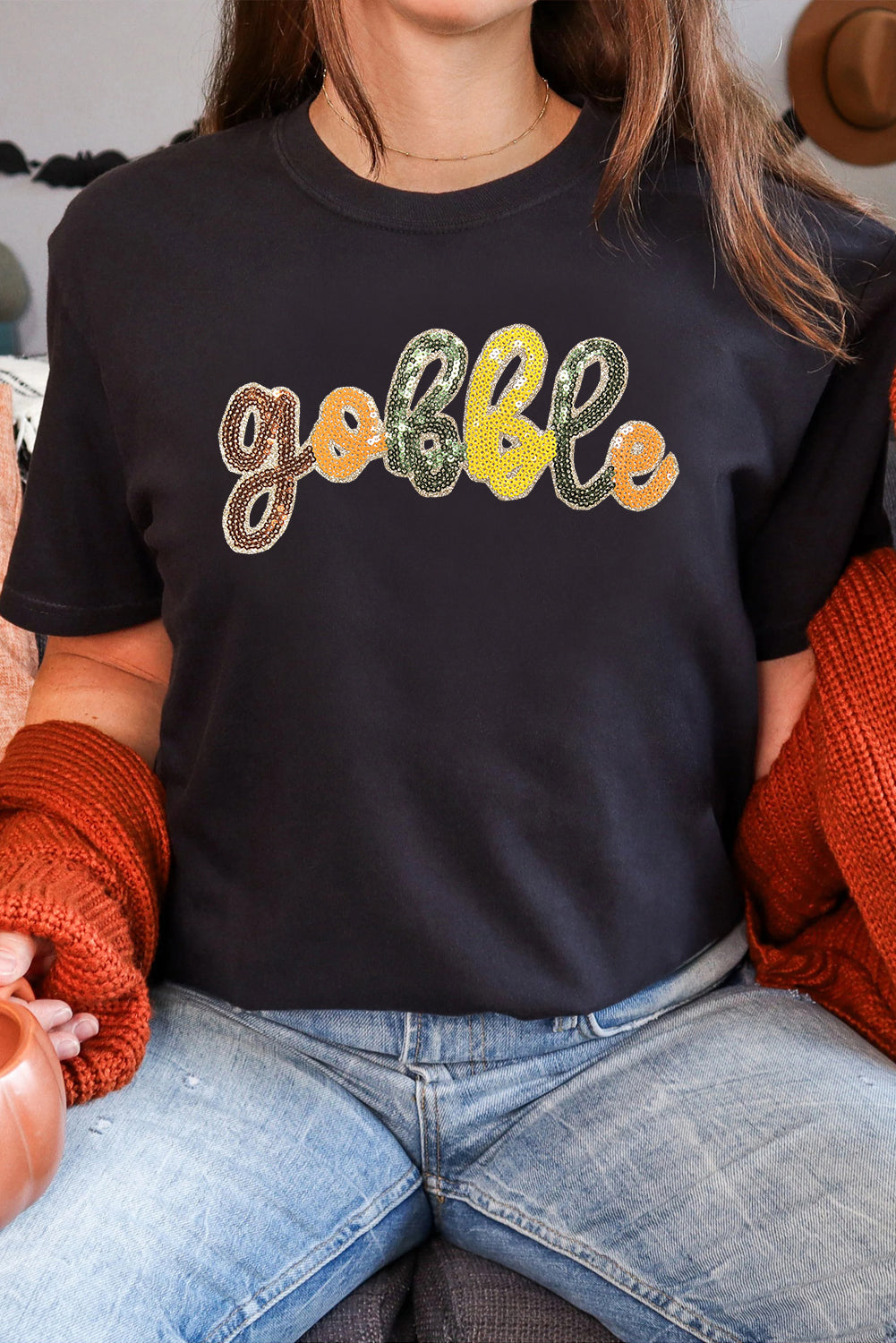 Black gobble Sequin Letter Graphic Thanksgiving T Shirt-Graphic/Graphic Tees-[Adult]-[Female]-2022 Online Blue Zone Planet
