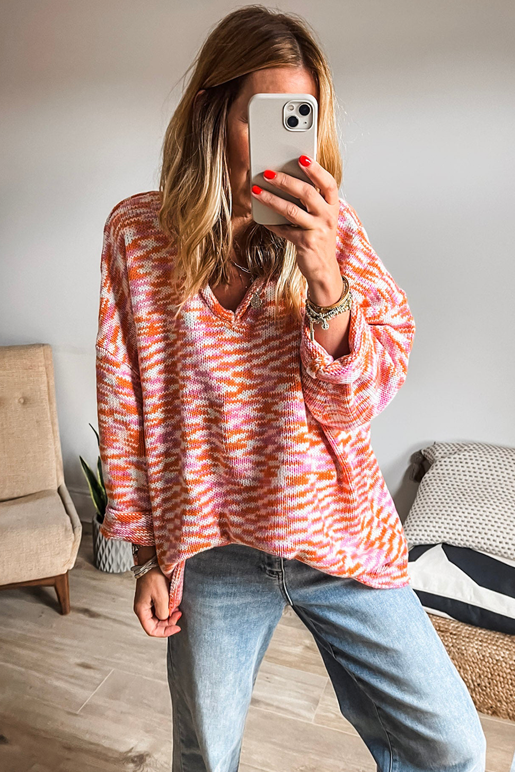 Orange Vibrant Abstract Print Drop Shoulder V Neck Tunic Oversized Sweater-Sweaters & Cardigans/Sweaters-[Adult]-[Female]-2022 Online Blue Zone Planet