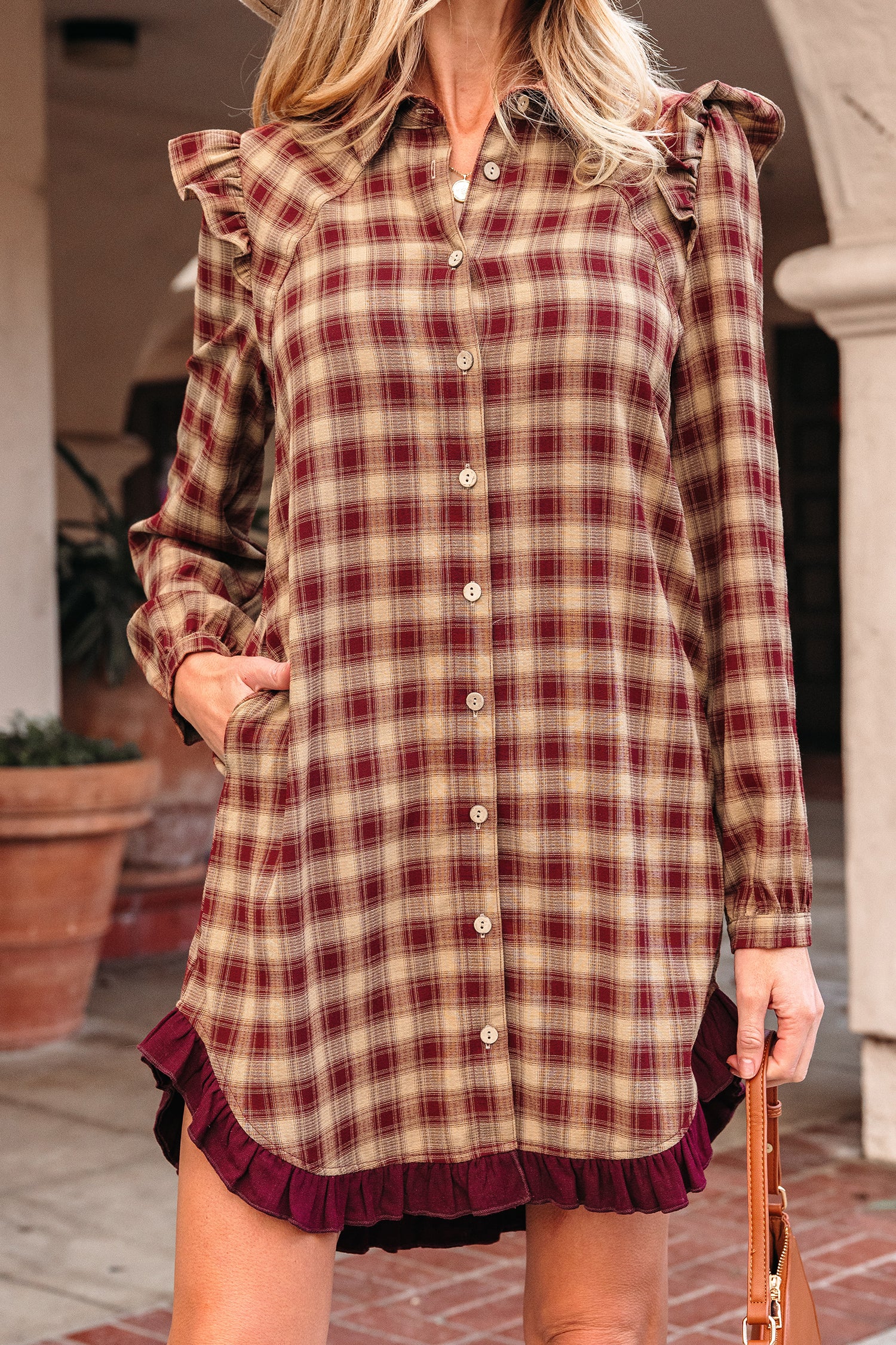 Red Plaid Print Ruffled Long Sleeve Patchwork Hem Mini Shirt Dress-TOPS / DRESSES-[Adult]-[Female]-2022 Online Blue Zone Planet