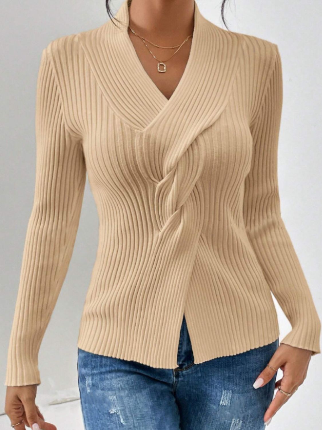 Twist Front Ribbed Long Sleeve Sweater-TOPS / DRESSES-[Adult]-[Female]-Tan-S-2022 Online Blue Zone Planet