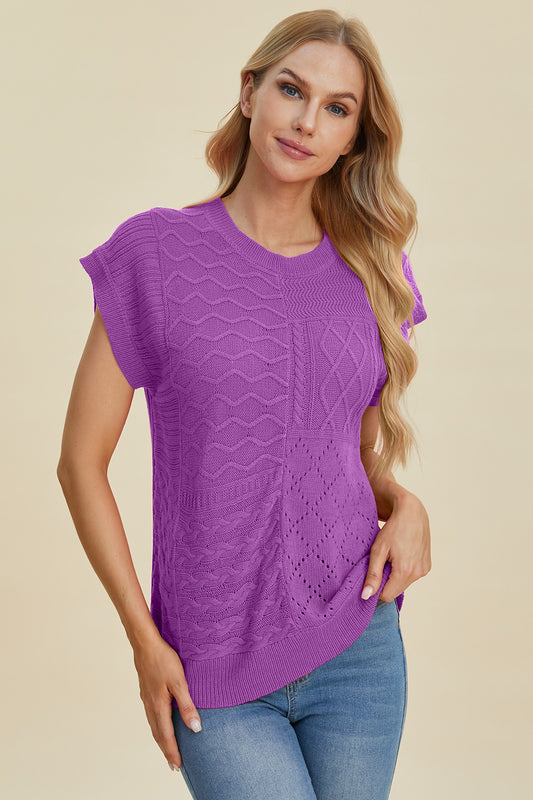 Double Take Full Size Cable-Knit Round Neck Cap Sleeve Sweater-TOPS / DRESSES-[Adult]-[Female]-Purple-S-2022 Online Blue Zone Planet