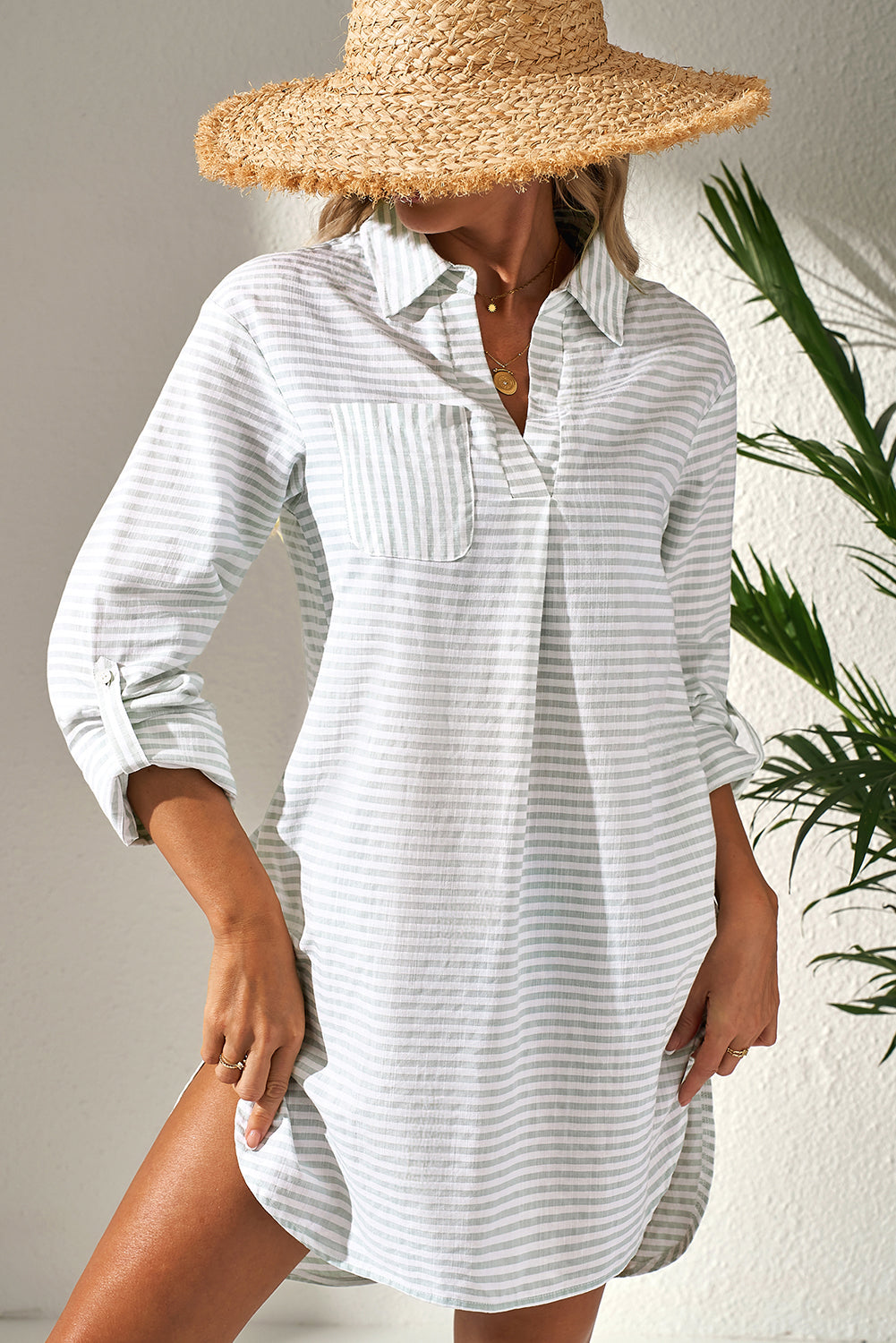 White Stripe Collared V Neck Chest Pocket Long Sleeve Beach Cover up-Swimwear/Beach Cover-ups-[Adult]-[Female]-2022 Online Blue Zone Planet