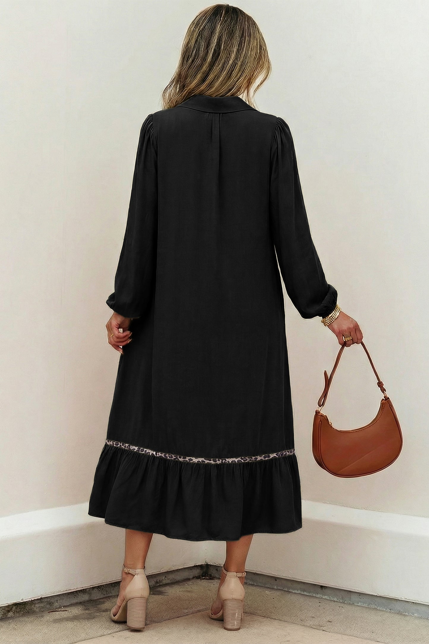 Black Collared V Neck Smocked Detail Contrast Leopard Trim Bracelet Sleeve Long Dress-TOPS / DRESSES-[Adult]-[Female]-2022 Online Blue Zone Planet