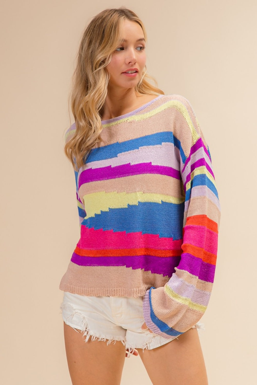 Blue Zone Planet | BiBi Multi Color Geometric Stripe Sweater-TOPS / DRESSES-[Adult]-[Female]-2022 Online Blue Zone Planet