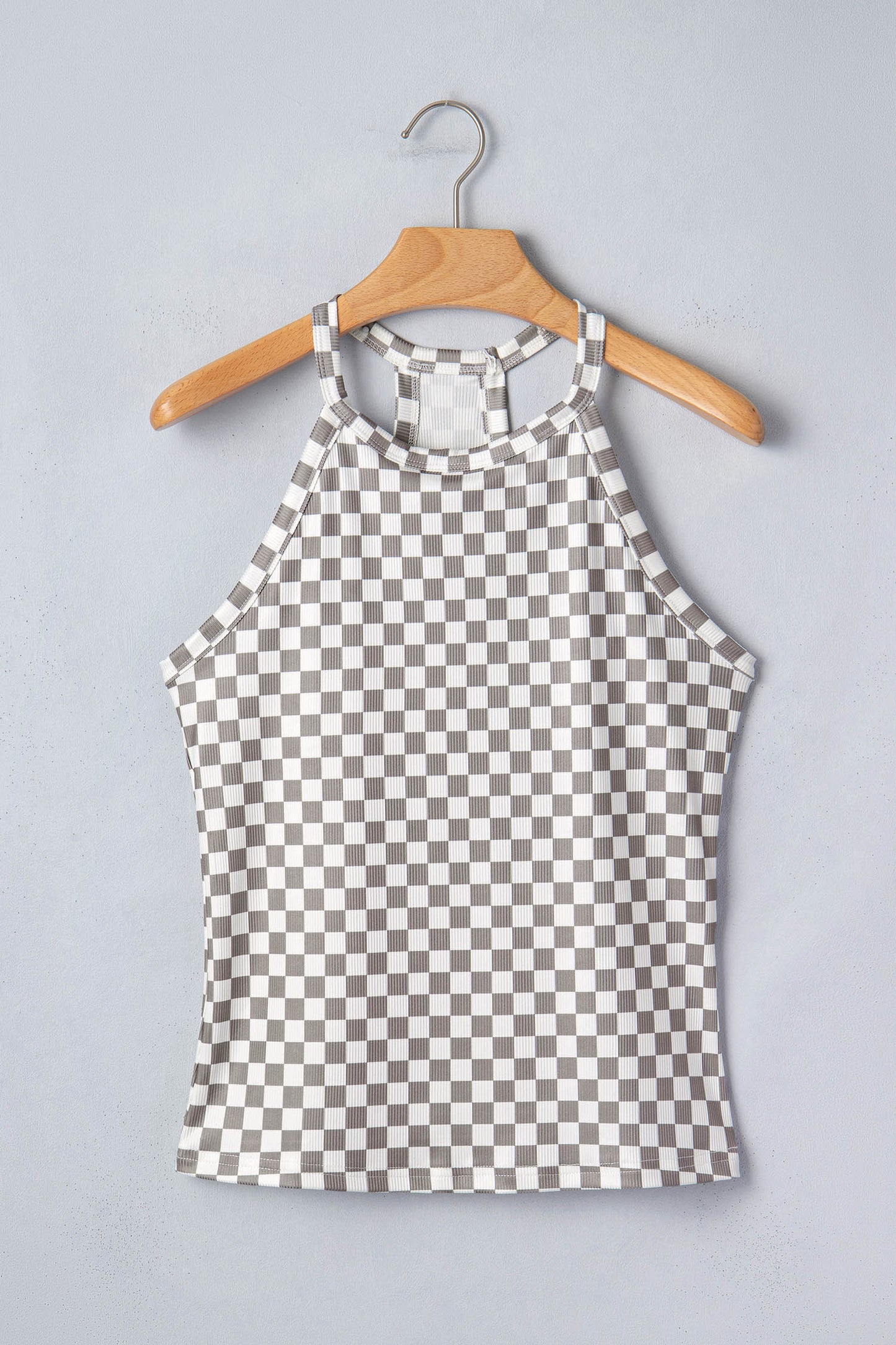 Gray Checkered Print Textured Halter Tank Top-Tops/Tank Tops-[Adult]-[Female]-2022 Online Blue Zone Planet