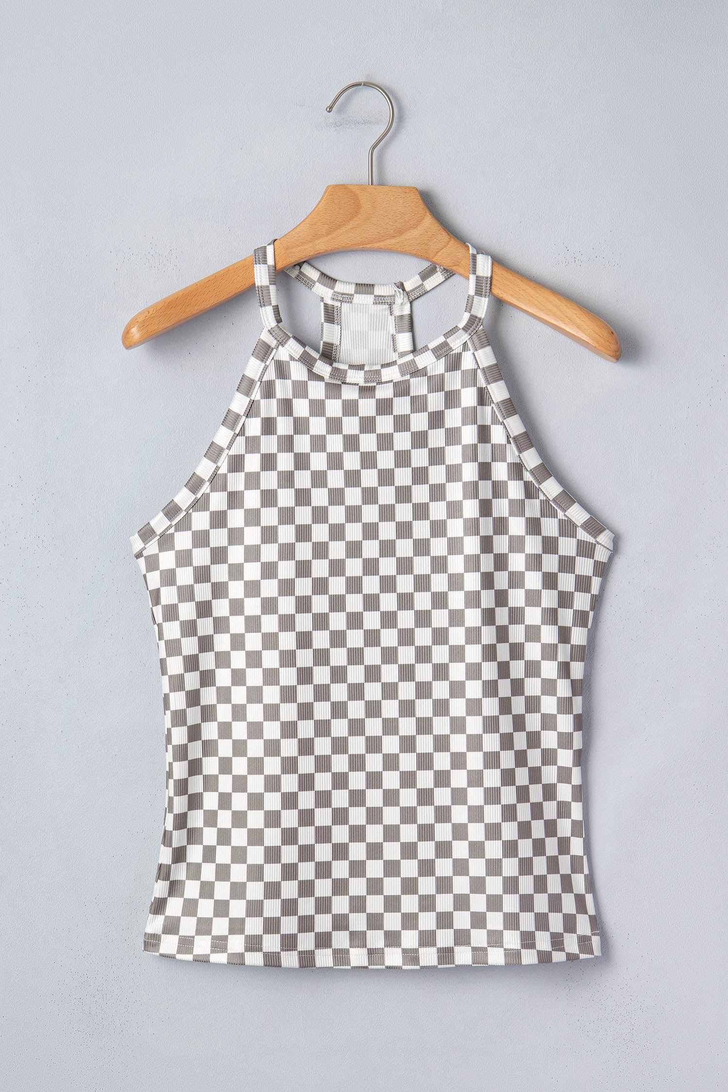 Gray Checkered Print Textured Halter Tank Top-Tops/Tank Tops-[Adult]-[Female]-2022 Online Blue Zone Planet