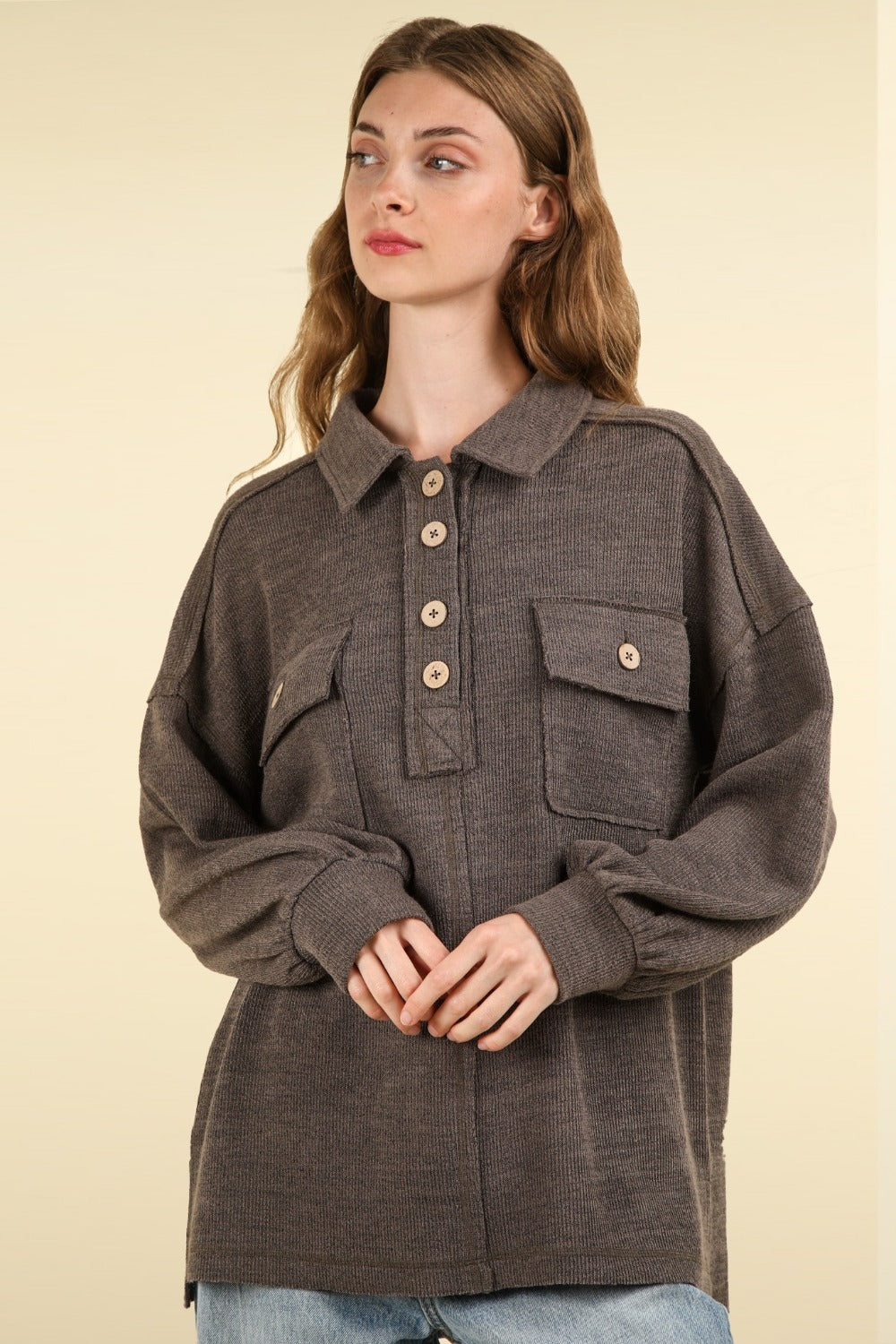 VERY J Collared Half Button Knit Top with Pockets-NEW ARRIVALS-[Adult]-[Female]-Charcoal-S-2022 Online Blue Zone Planet