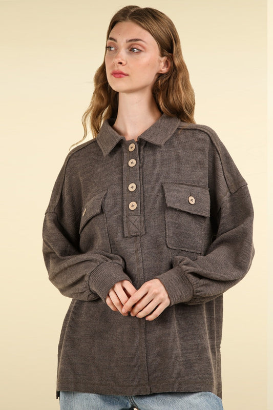 VERY J Collared Half Button Knit Top with Pockets-NEW ARRIVALS-[Adult]-[Female]-Charcoal-S-2022 Online Blue Zone Planet