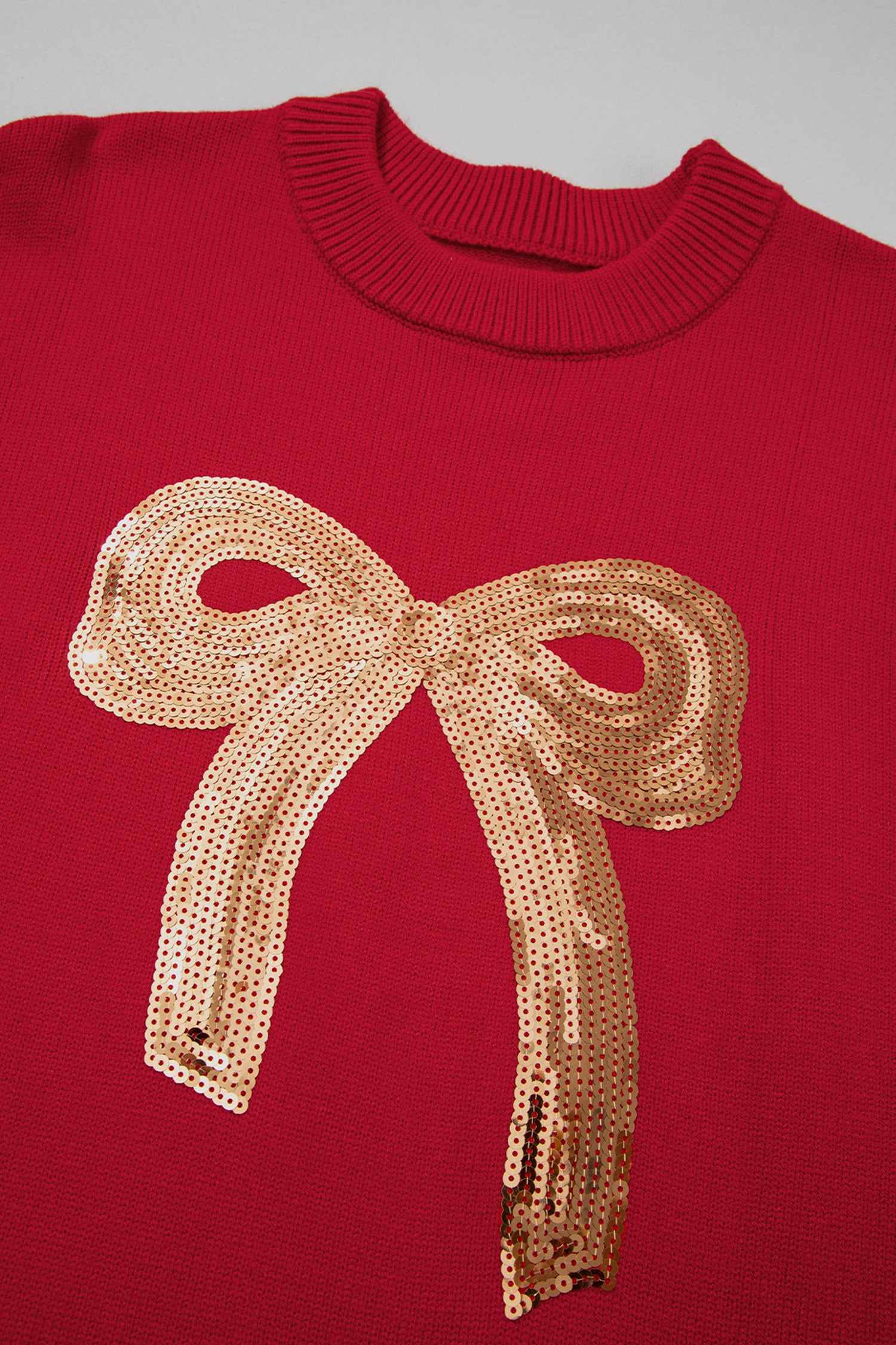 Fiery Red Sequined Bow Graphic Christmas Holiday Sweater-TOPS / DRESSES-[Adult]-[Female]-2022 Online Blue Zone Planet