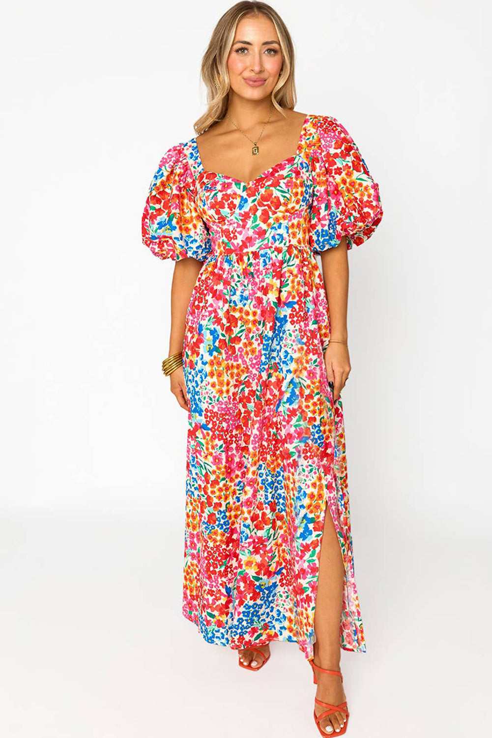 Blue Zone Planet | Rose Puff Sleeve Thigh High Split Floral Maxi Dress-TOPS / DRESSES-[Adult]-[Female]-2022 Online Blue Zone Planet