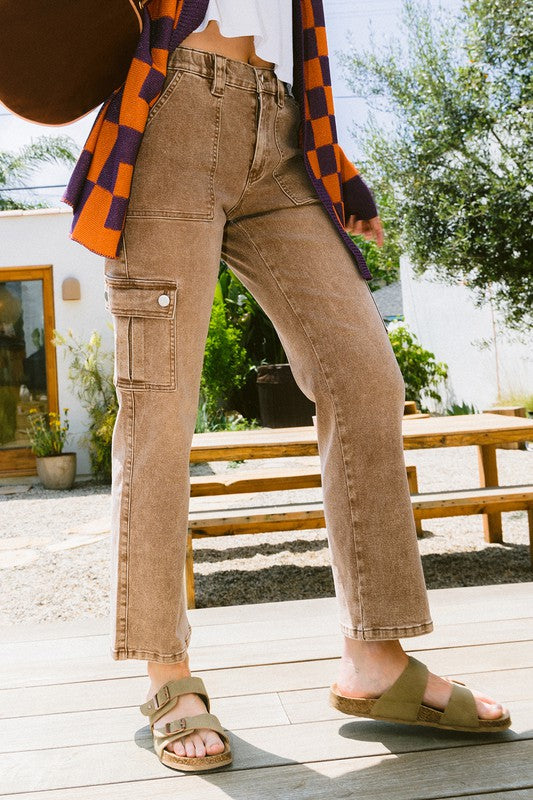 Annie Wear Straight Leg Jeans with Cargo Pockets-BOTTOM SIZES SMALL MEDIUM LARGE-[Adult]-[Female]-Caramel-S-2022 Online Blue Zone Planet