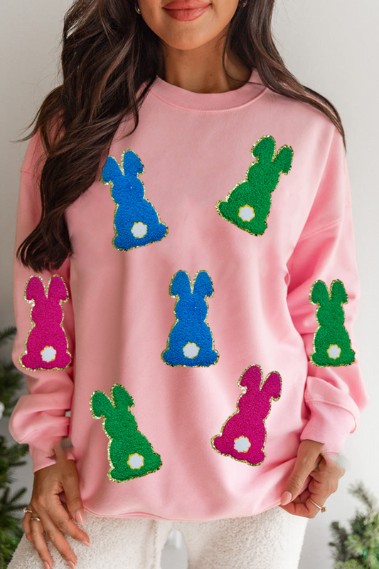 Pink Easter Bunny Chenille Patched Graphic Drop Shoulder Sweatshirt-Graphic/Graphic Sweatshirts-[Adult]-[Female]-Pink-S-2022 Online Blue Zone Planet