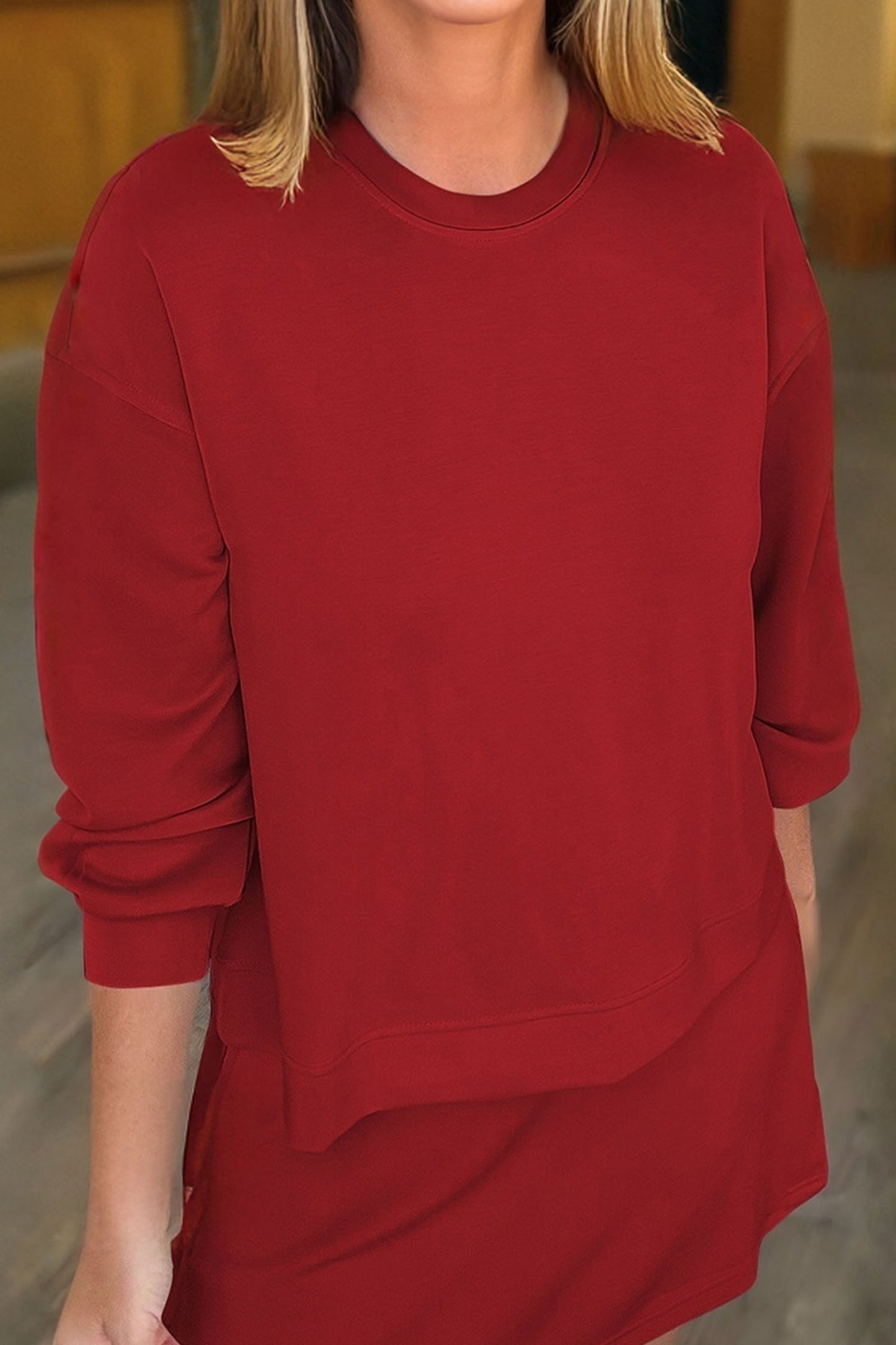 Racing Red Solid Color Drop Shoulder Pullover Drawstring Mini Skirt 2pcs Outfit-Two Piece Sets/Two Piece Dresses-[Adult]-[Female]-2022 Online Blue Zone Planet