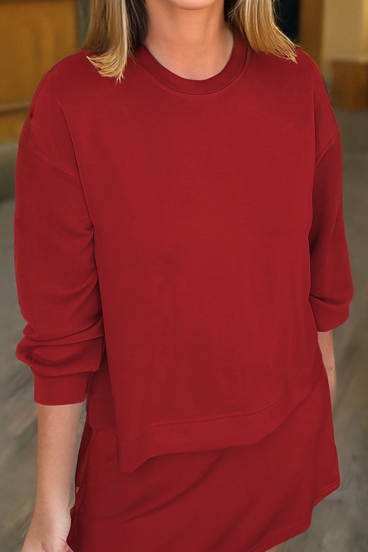 Racing Red Solid Color Drop Shoulder Pullover Drawstring Mini Skirt 2pcs Outfit-Two Piece Sets/Two Piece Dresses-[Adult]-[Female]-2022 Online Blue Zone Planet